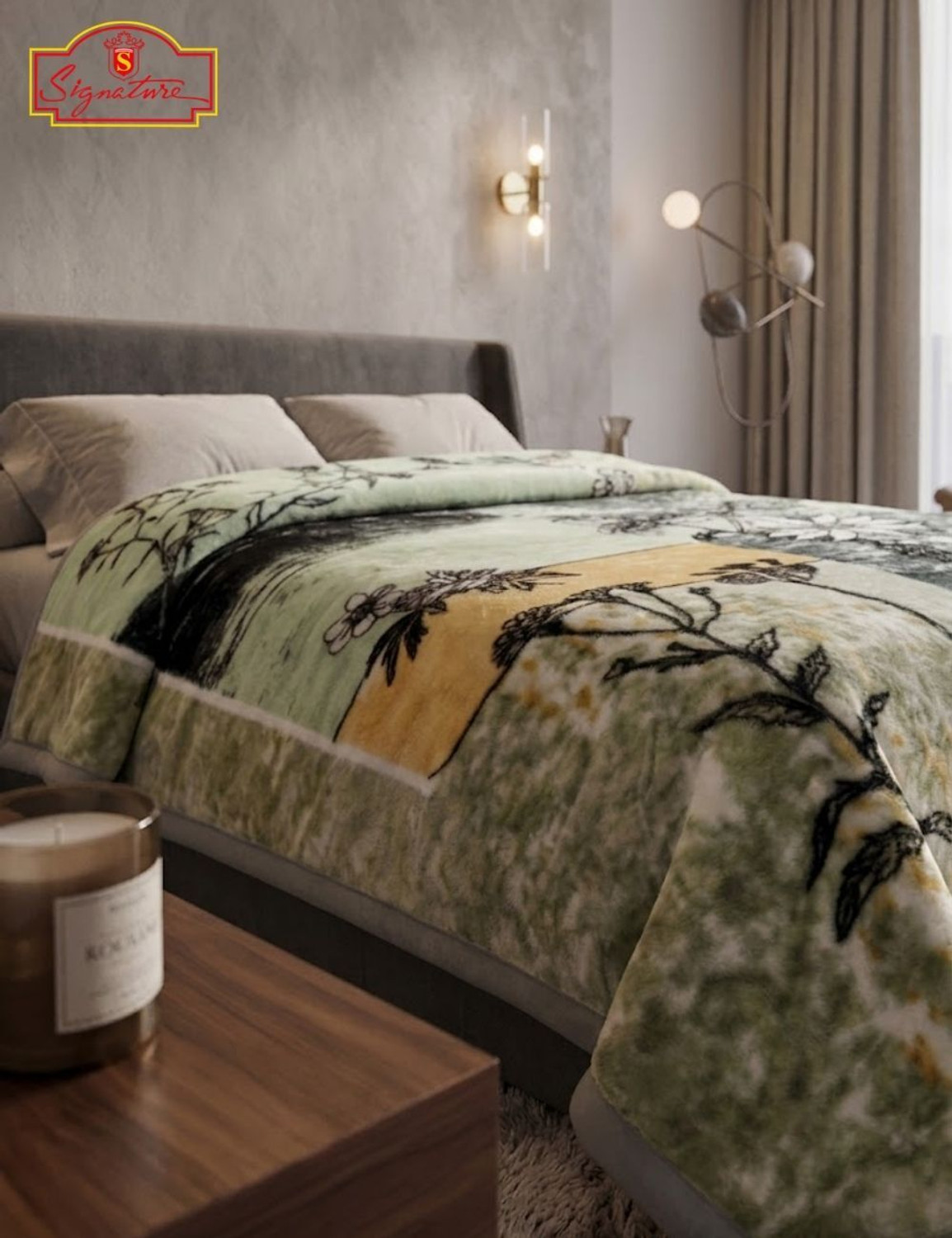 Image of Signature Floral Double Weighted Blanket for Heavy Winter (Polyester, Olive Green)