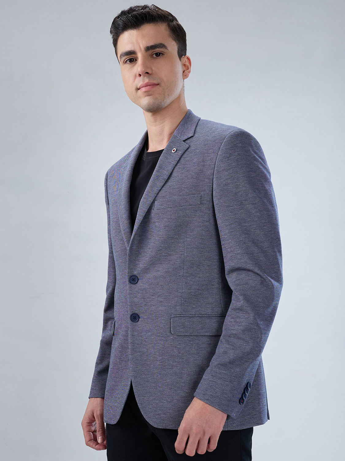 Image of Raymond Men Self Design Double Breasted Formal Blazer (Dark Blue)