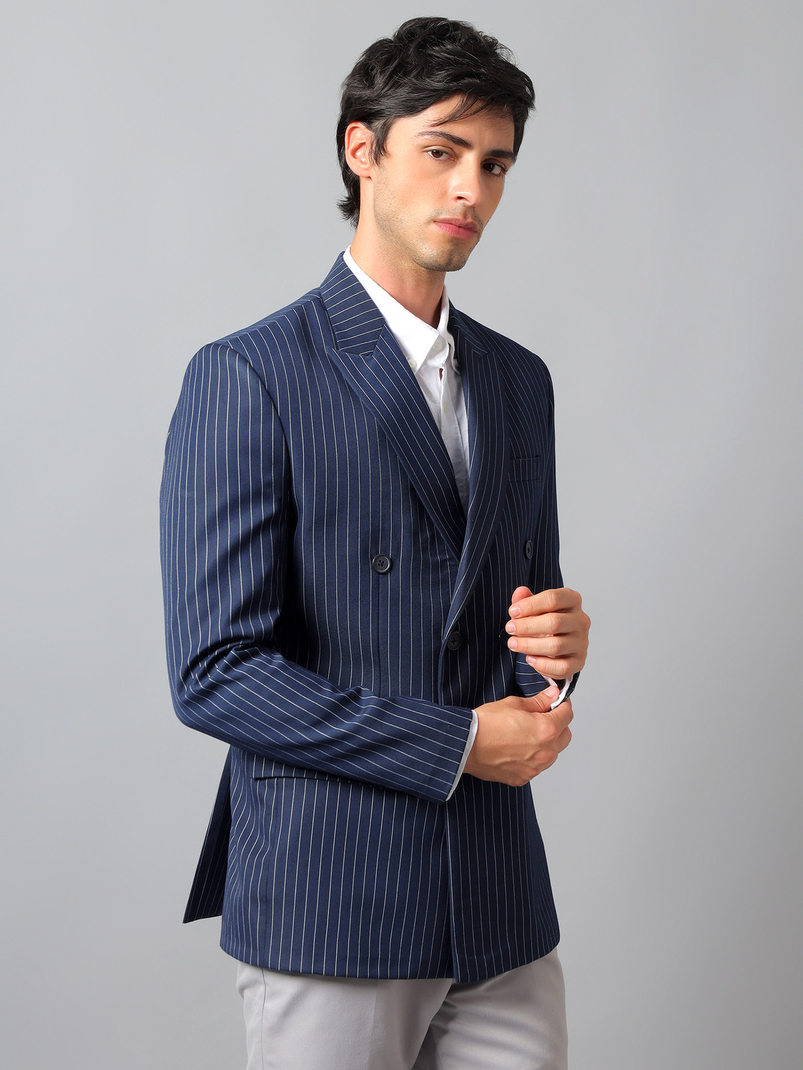 Image of The Button Story Striped Double Breasted Casual, Festive, Festive & Wedding, Formal, Lounge Wear, Party, Wedding Men Blazer