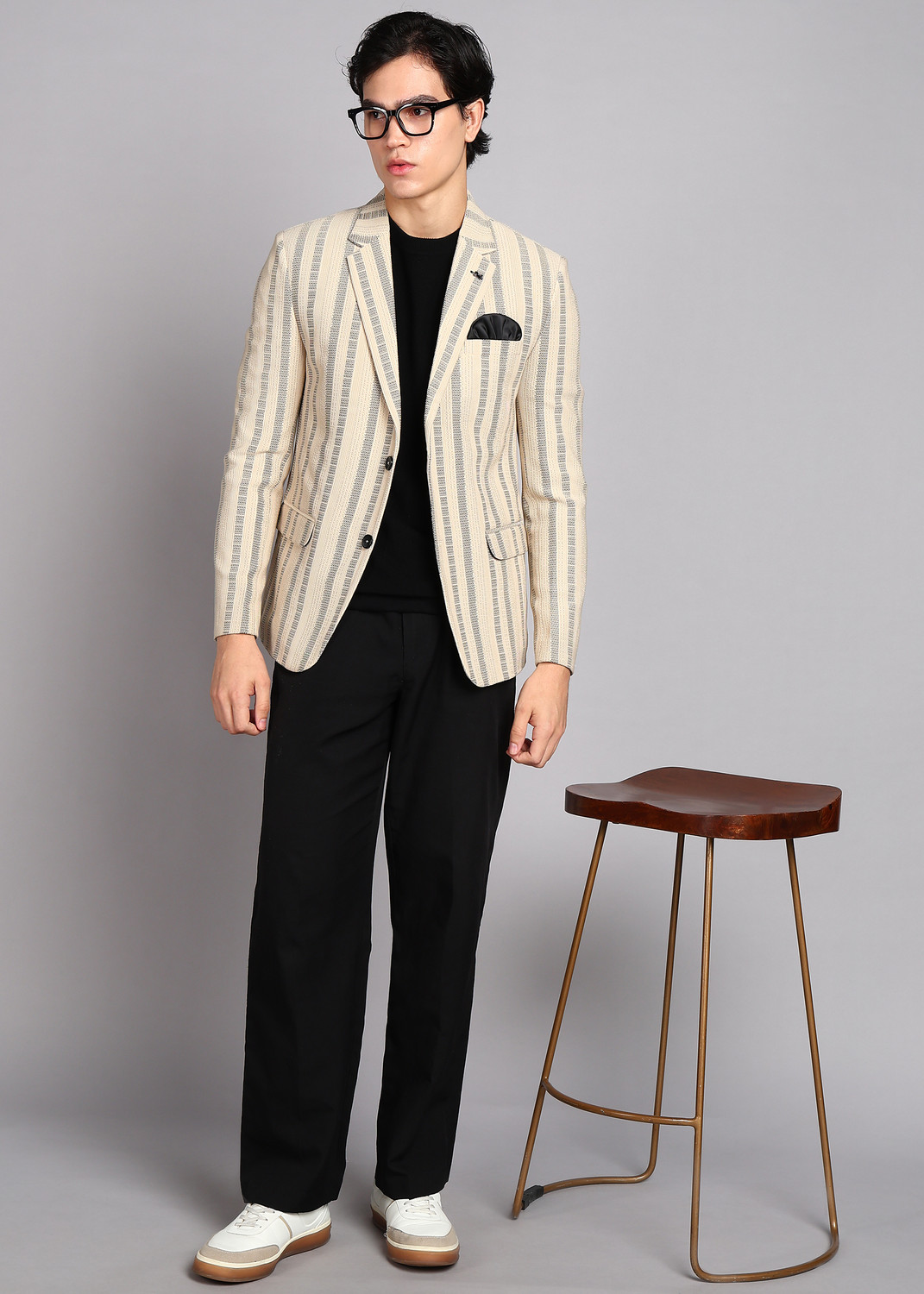 Image of KILLER Men Striped Single Breasted Casual Blazer (Beige, Black)