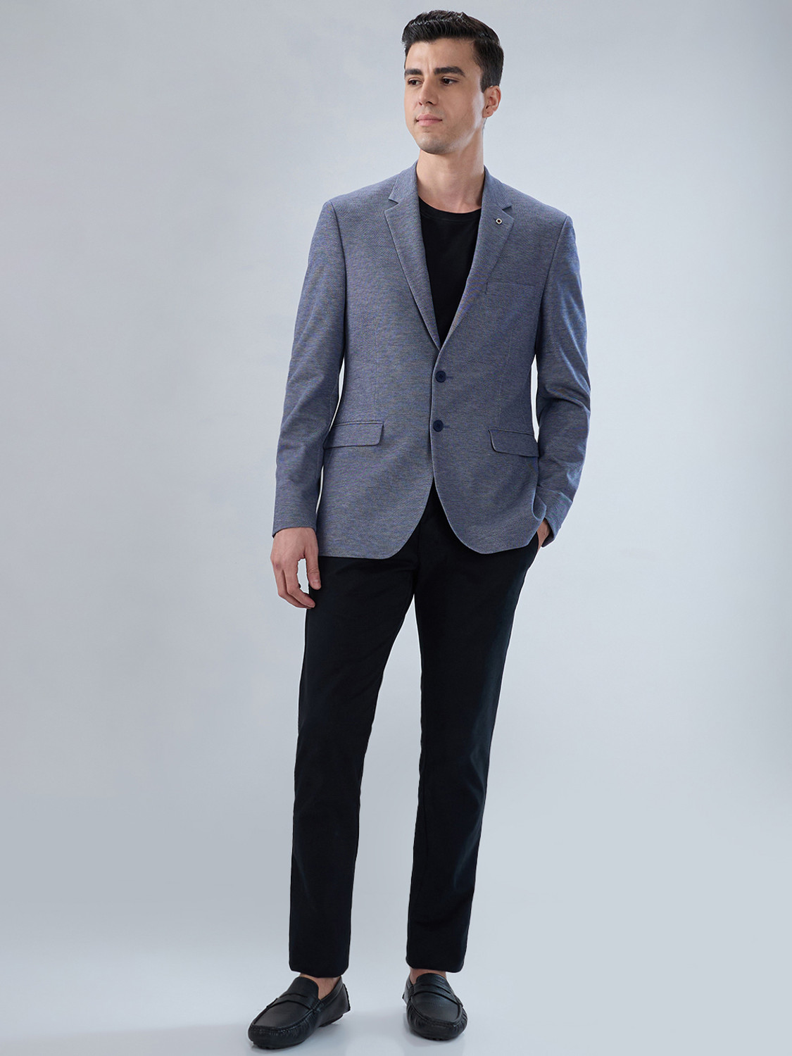 Image of Raymond Men Self Design Double Breasted Formal Blazer (Dark Blue)