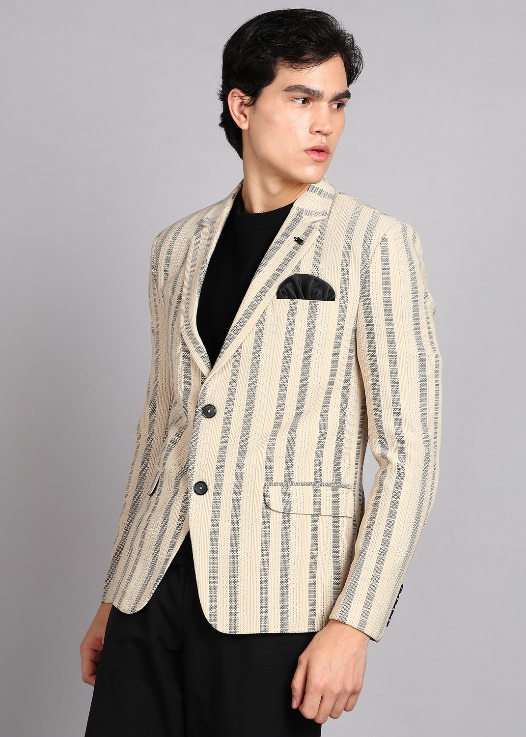 Image of KILLER Men Striped Single Breasted Casual Blazer (Beige, Black)