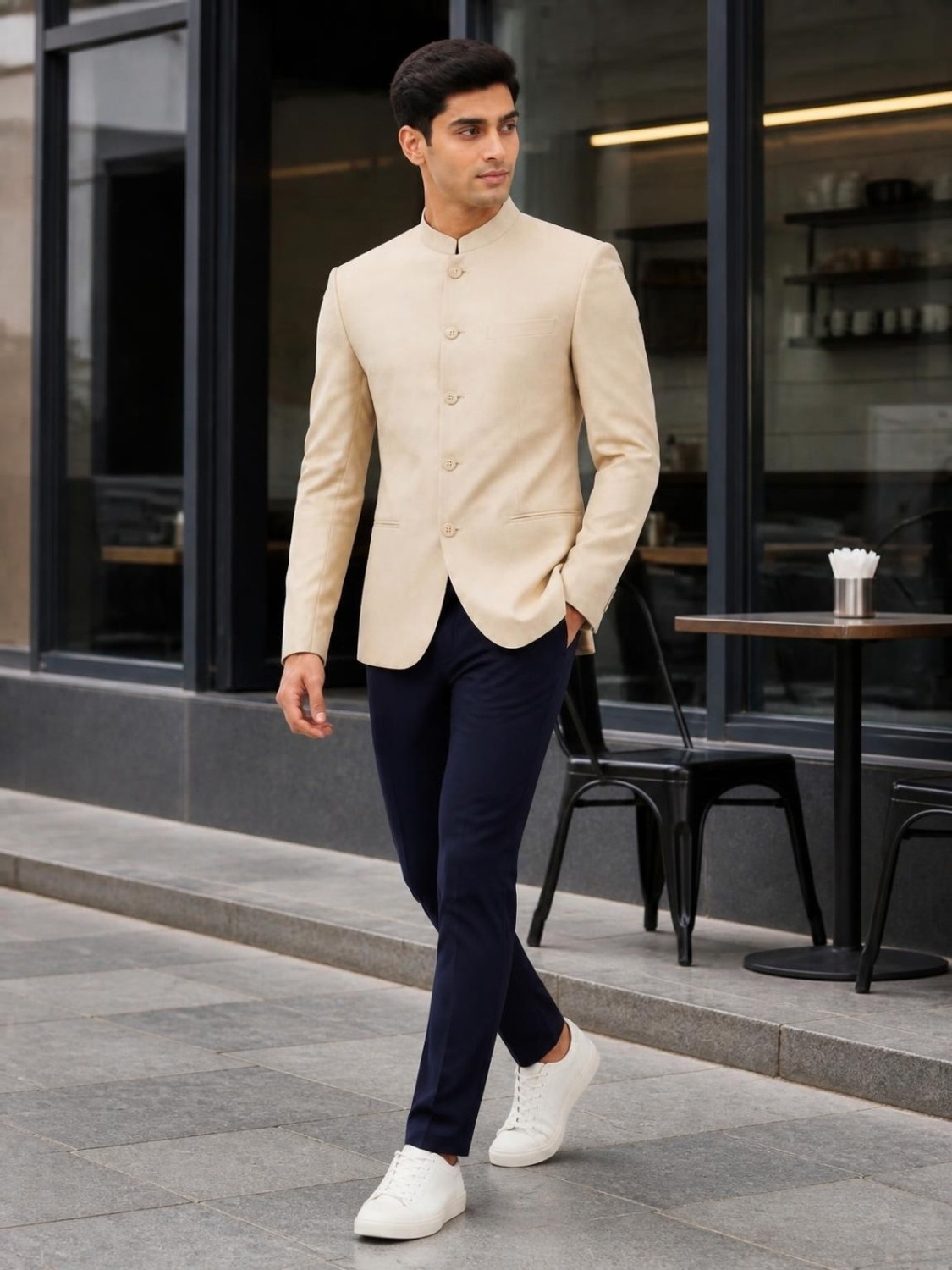 Image of PARK AVENUE Men Solid Bandhgala Formal Blazer (Beige)