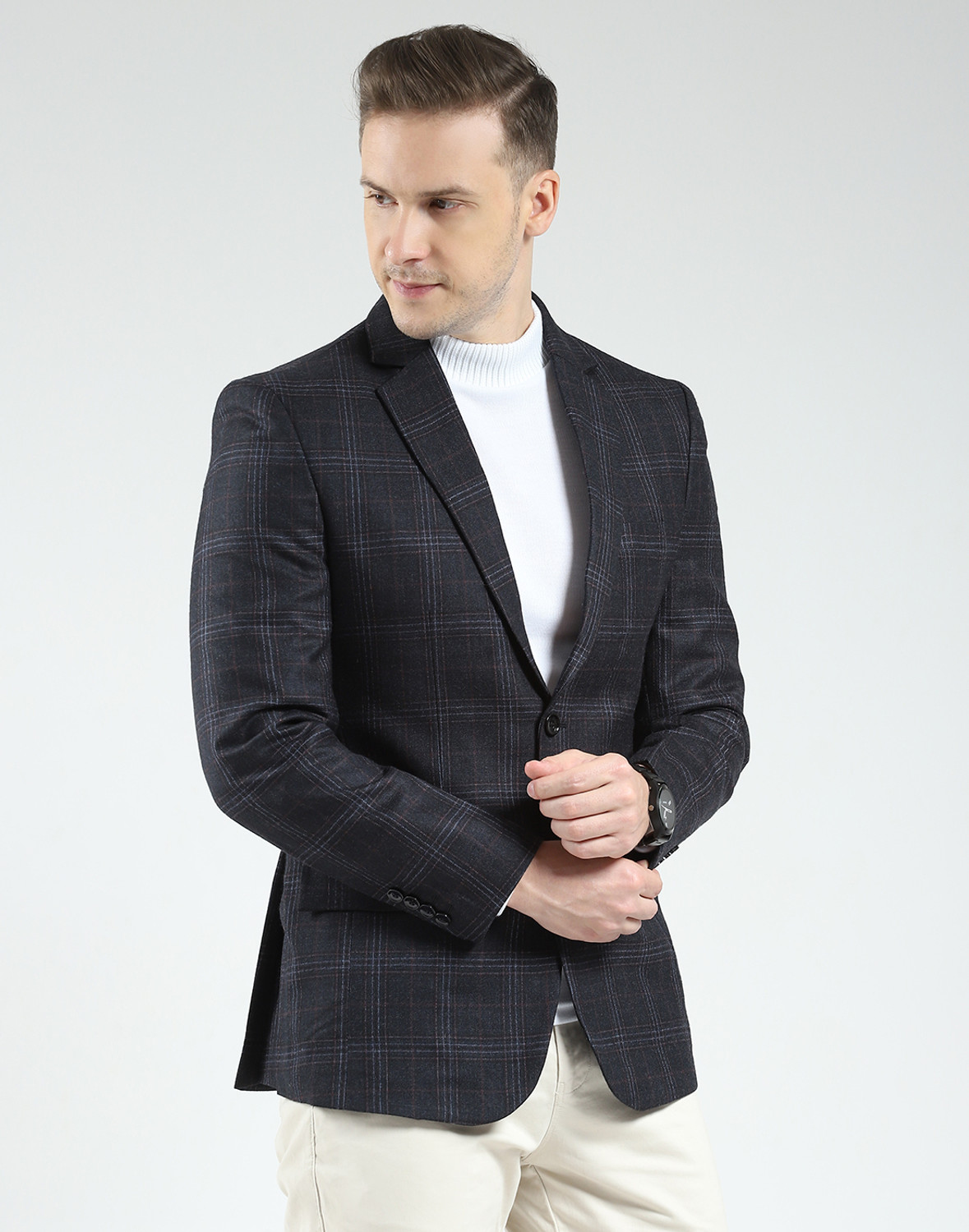 Image of MONTE CARLO Checkered Mandarin Casual Men Blazer