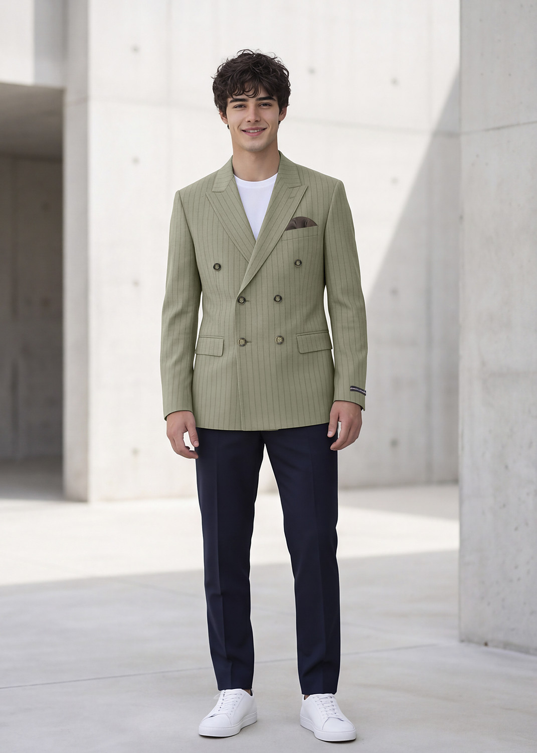 Image of KILLER Men Striped Double Breasted Casual Blazer (Dark Green)