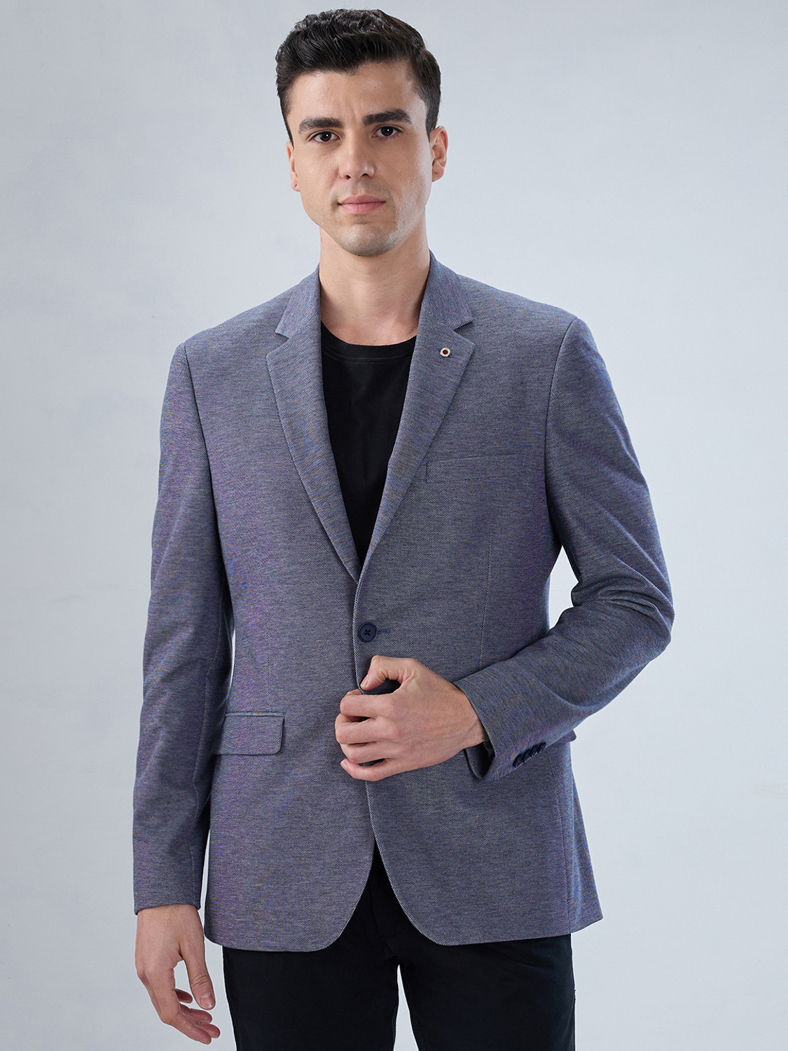 Image of Raymond Men Self Design Double Breasted Formal Blazer (Dark Blue)