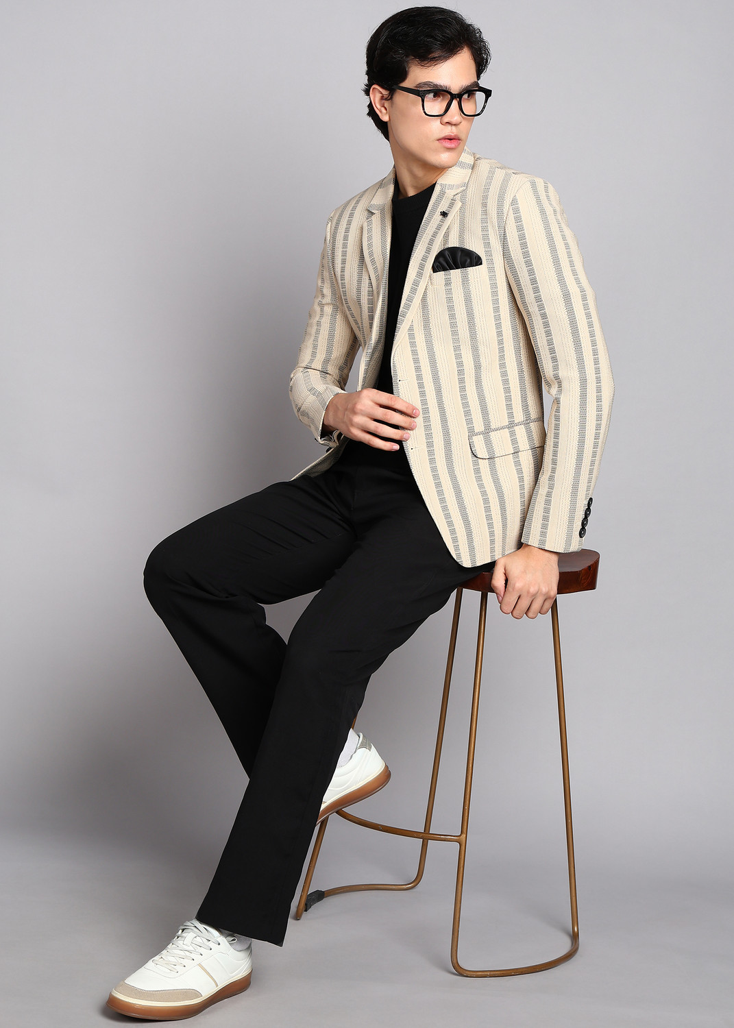 Image of KILLER Men Striped Single Breasted Casual Blazer (Beige, Black)