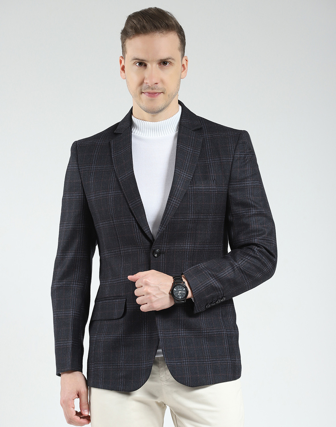 Image of MONTE CARLO Checkered Mandarin Casual Men Blazer