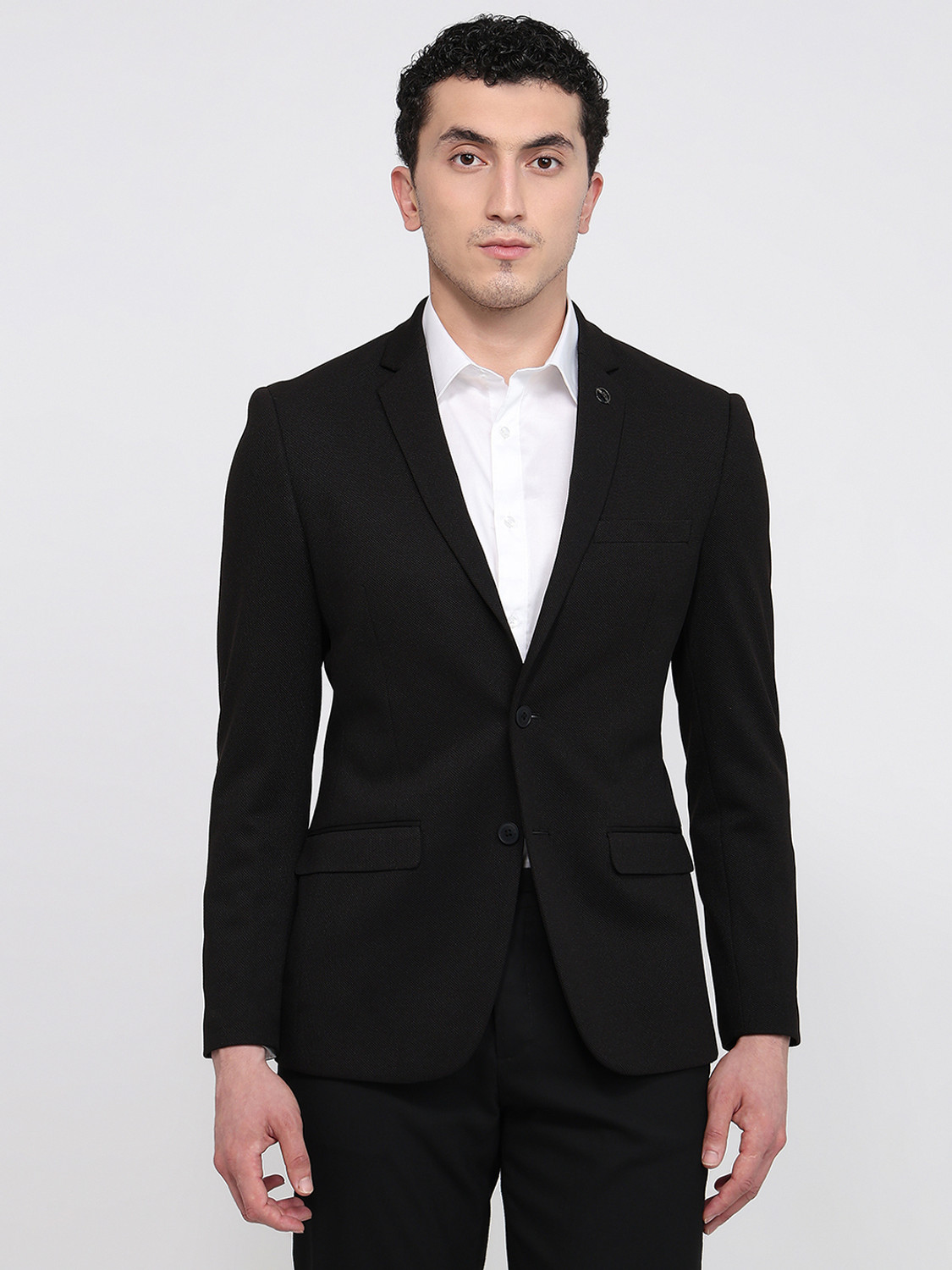 Image of PARK AVENUE Men Solid Bandhgala Formal Blazer (Black)
