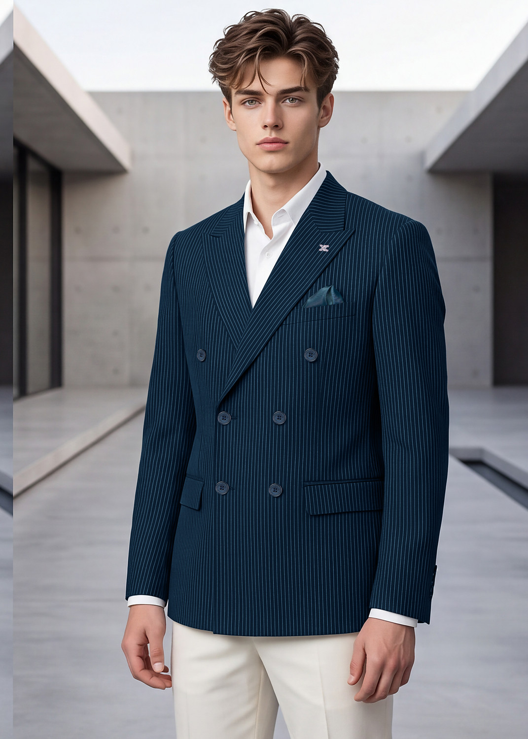 Image of KILLER Men Striped Double Breasted Casual Blazer (Green)