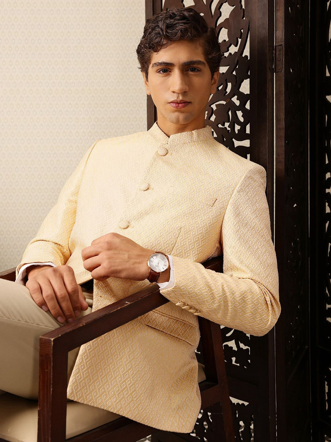 Image of House of Pataudi Self Design Single Breasted Festive Men Blazer