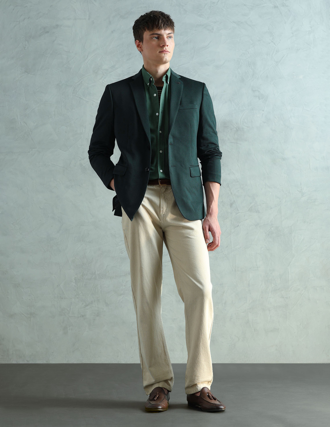 Image of ARROW Men Self Design Single Breasted Formal Blazer (Green)