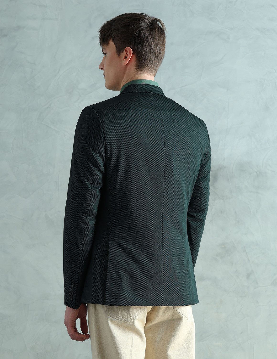 Image of ARROW Men Self Design Single Breasted Formal Blazer (Green)