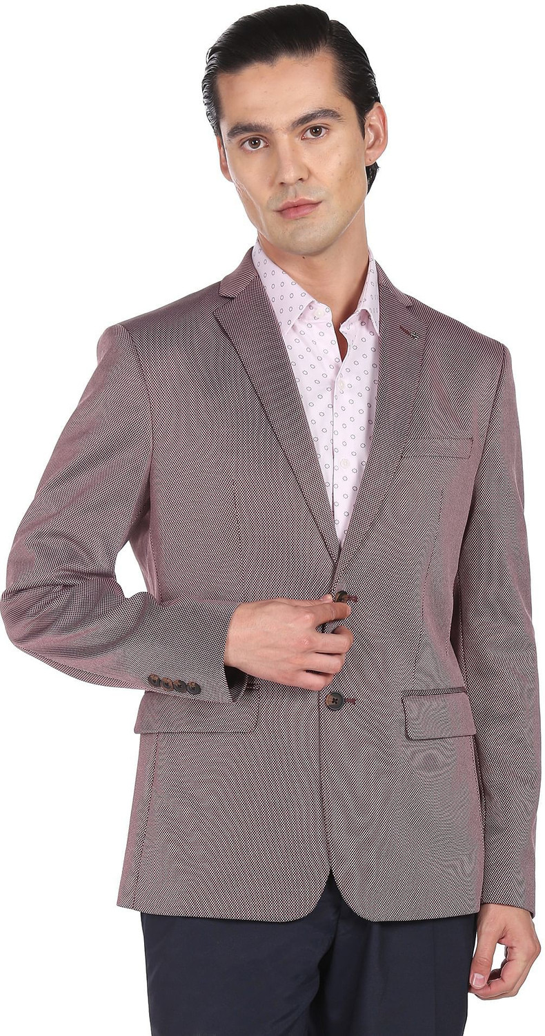 Image of ARROW Men Self Design Single Breasted Formal Blazer (Purple)