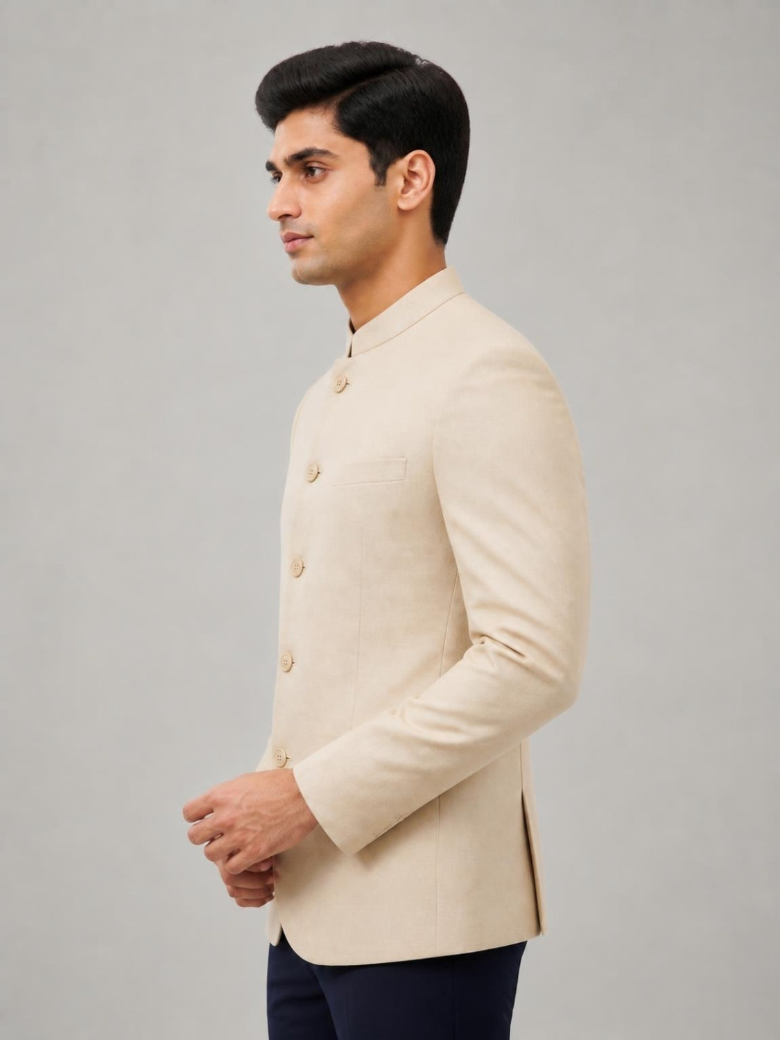 Image of PARK AVENUE Men Solid Bandhgala Formal Blazer (Beige)