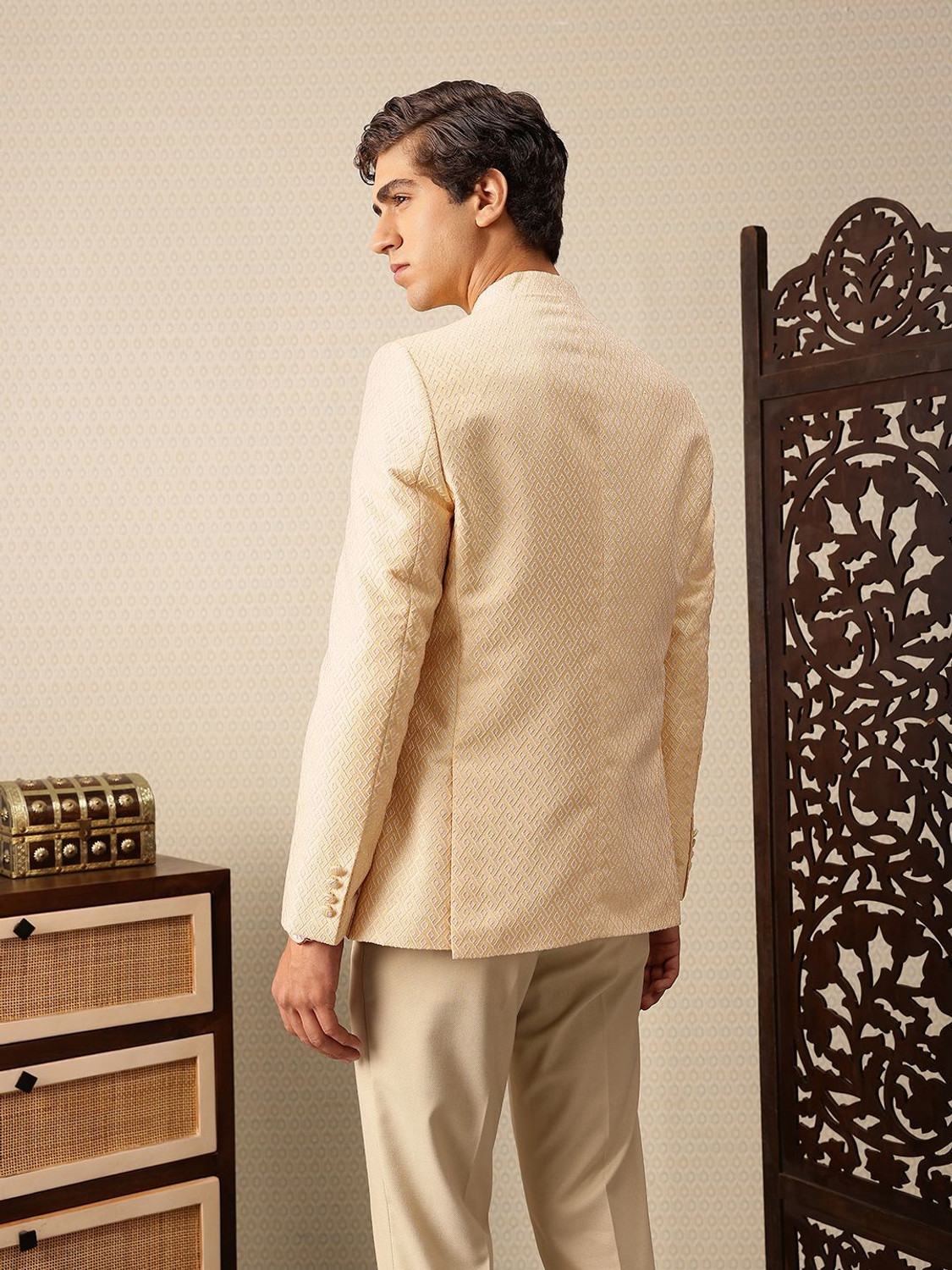 Image of House of Pataudi Self Design Single Breasted Festive Men Blazer