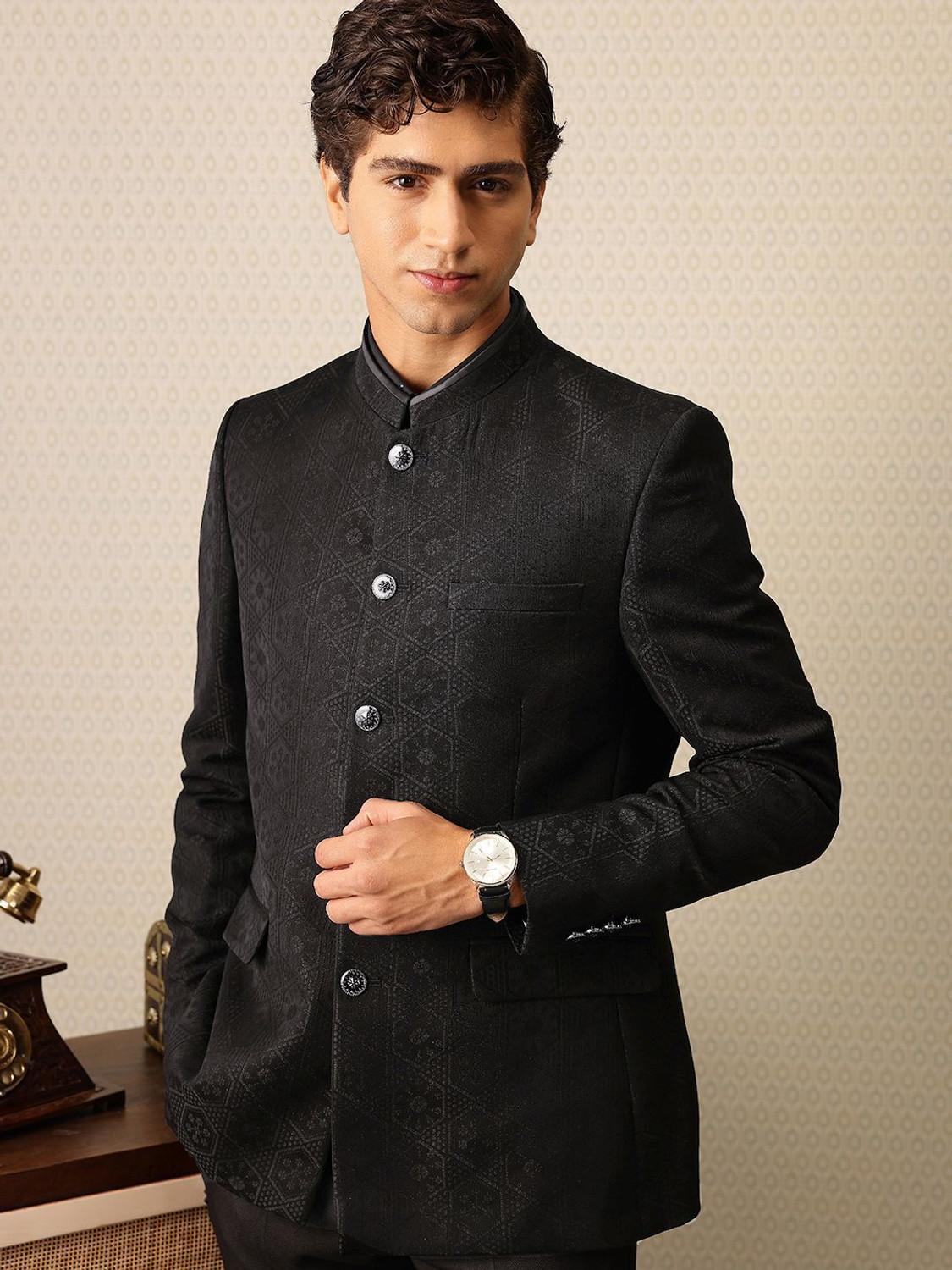 Image of House of Pataudi Self Design Single Breasted Festive Men Blazer
