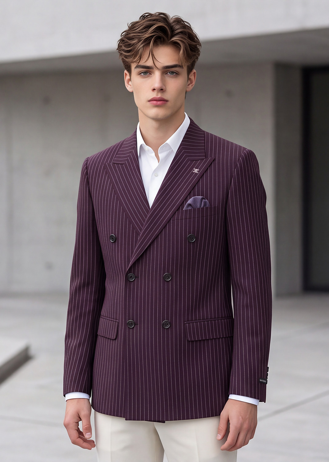 Image of KILLER Men Striped Double Breasted Casual Blazer (Maroon)