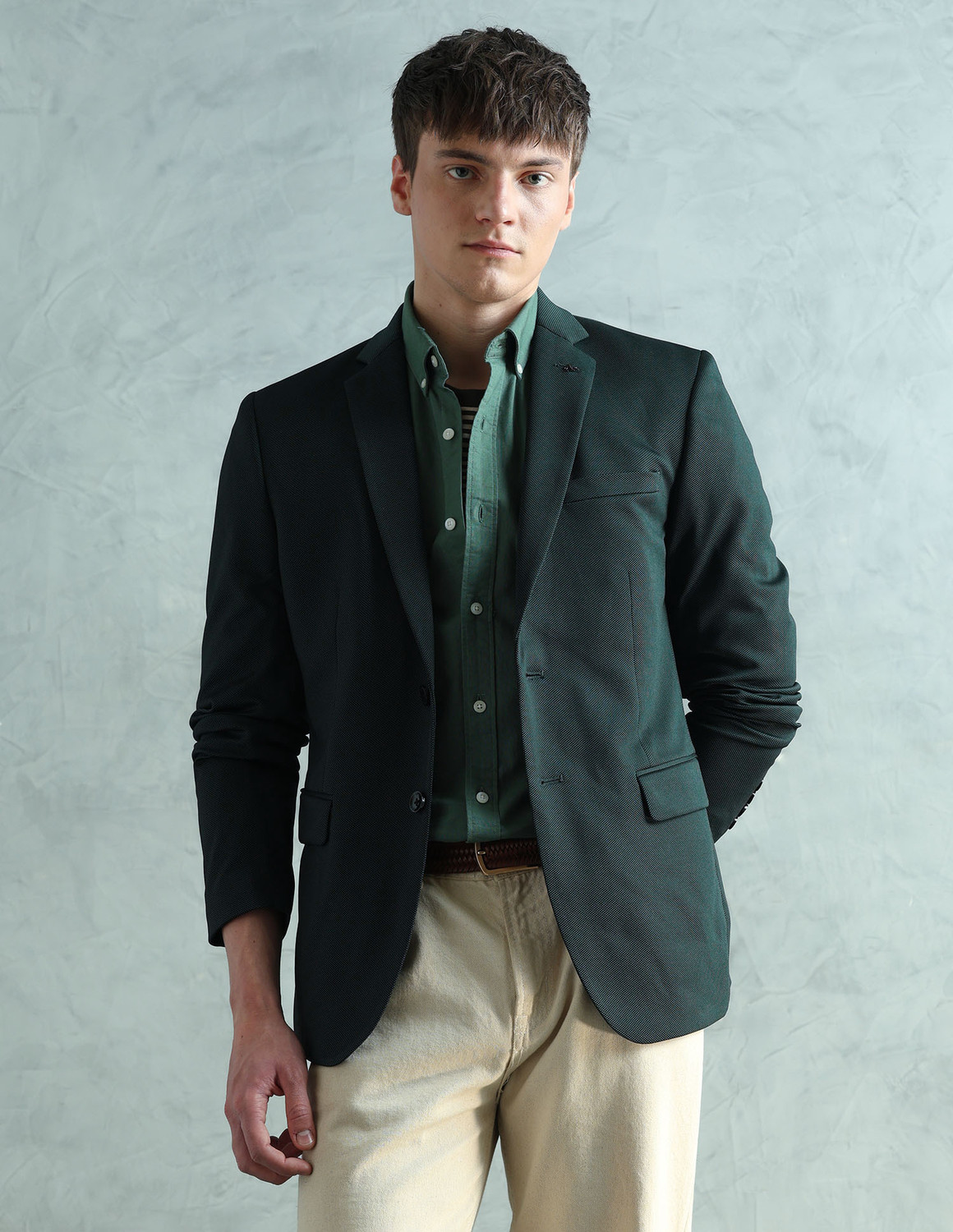Image of ARROW Men Self Design Single Breasted Formal Blazer (Green)