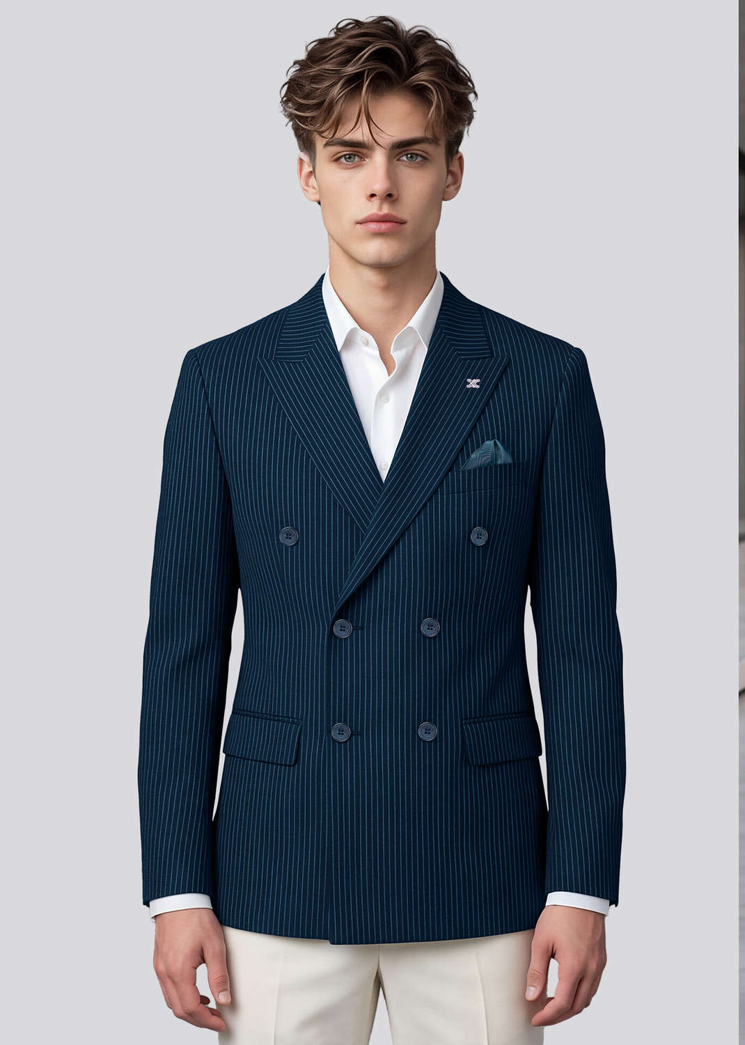 Image of KILLER Men Striped Double Breasted Casual Blazer (Green)