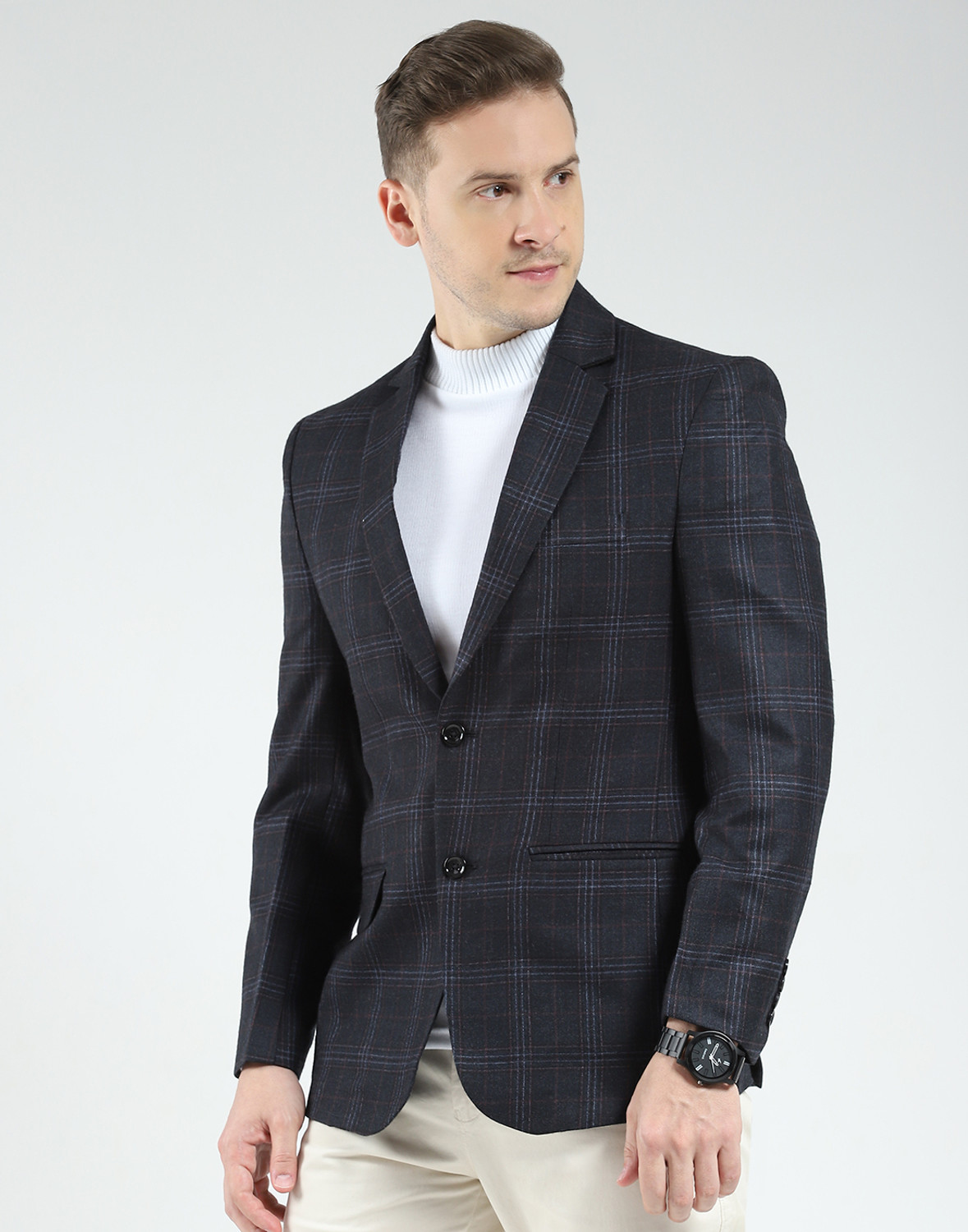 Image of MONTE CARLO Checkered Mandarin Casual Men Blazer