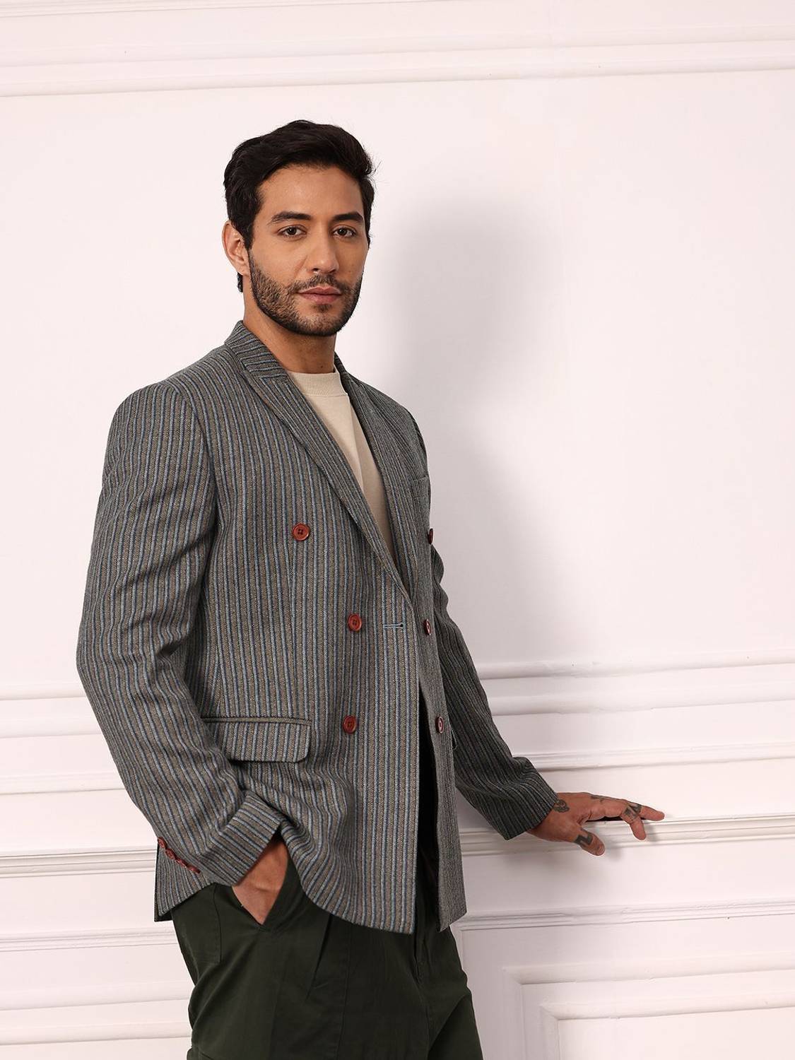 Mr Bowerbird Striped Double Breasted Formal Men Blazer