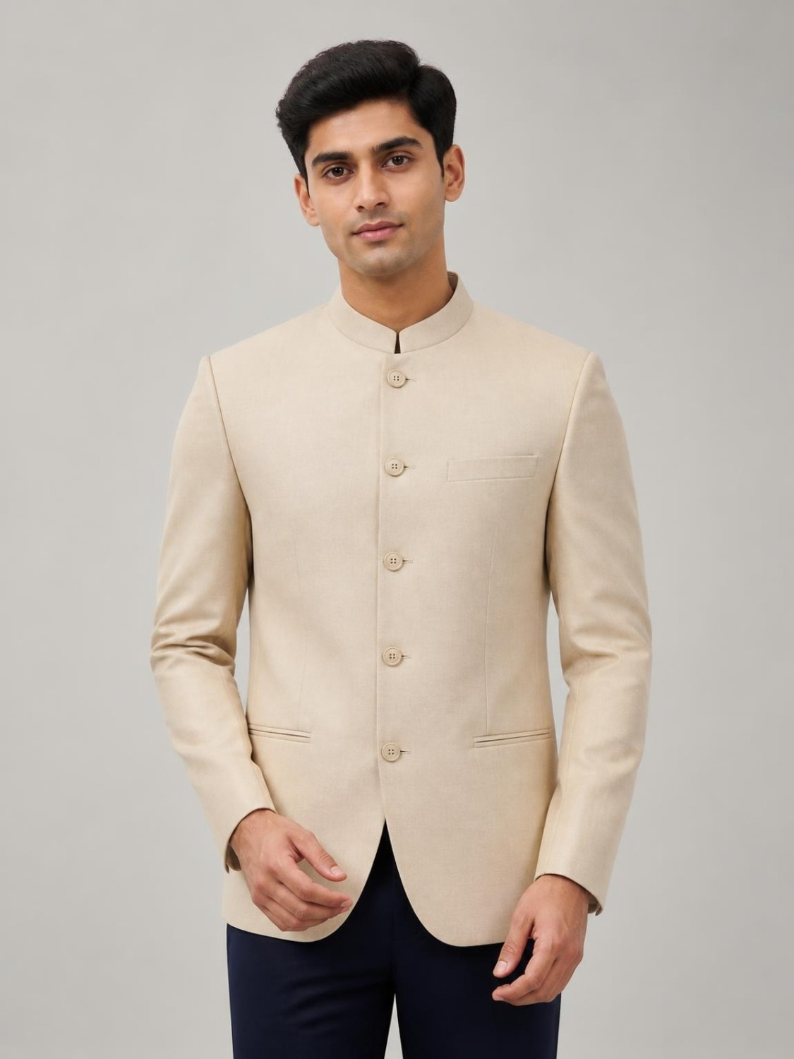 Image of PARK AVENUE Men Solid Bandhgala Formal Blazer (Beige)
