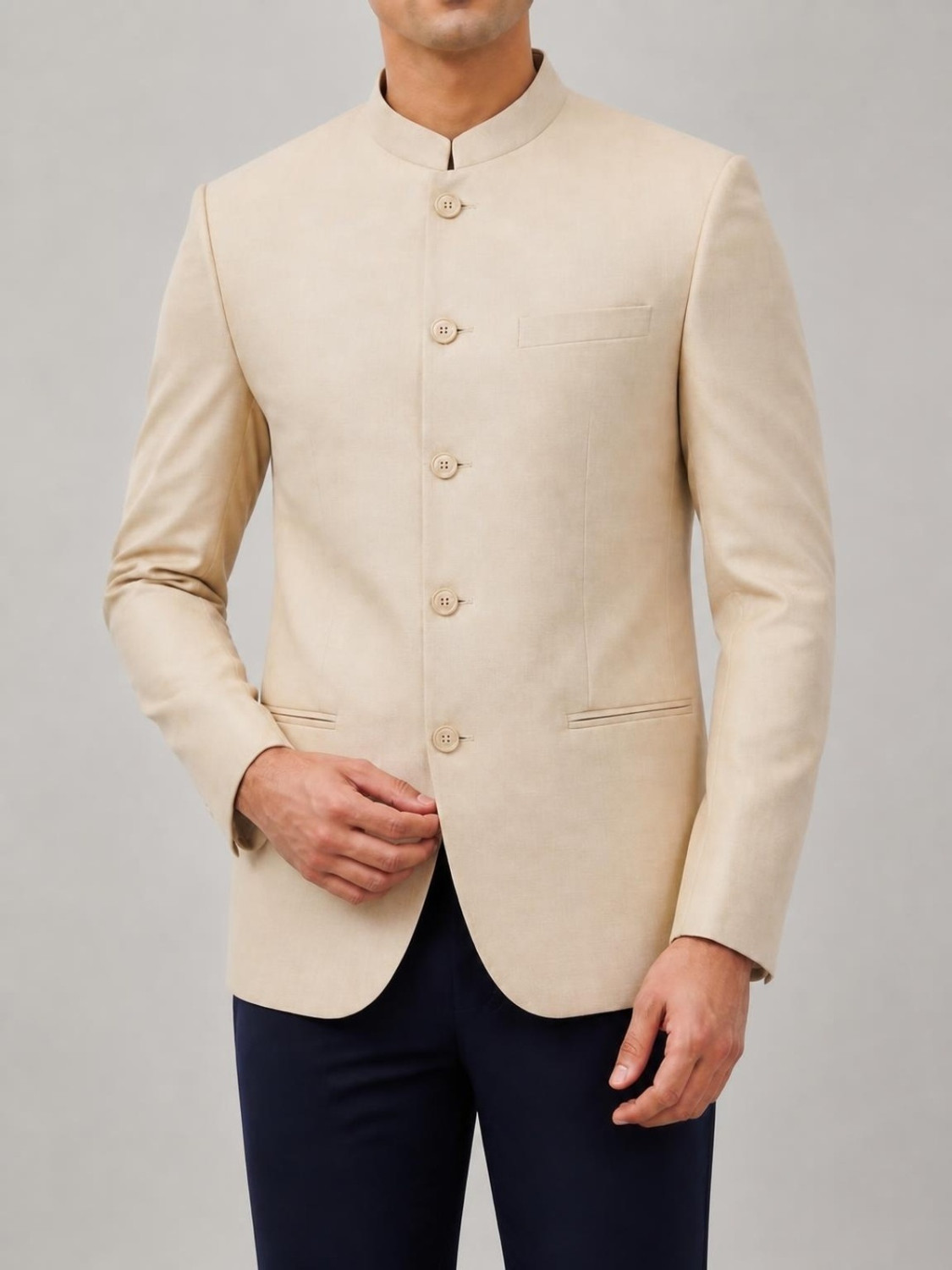 Image of PARK AVENUE Men Solid Bandhgala Formal Blazer (Beige)