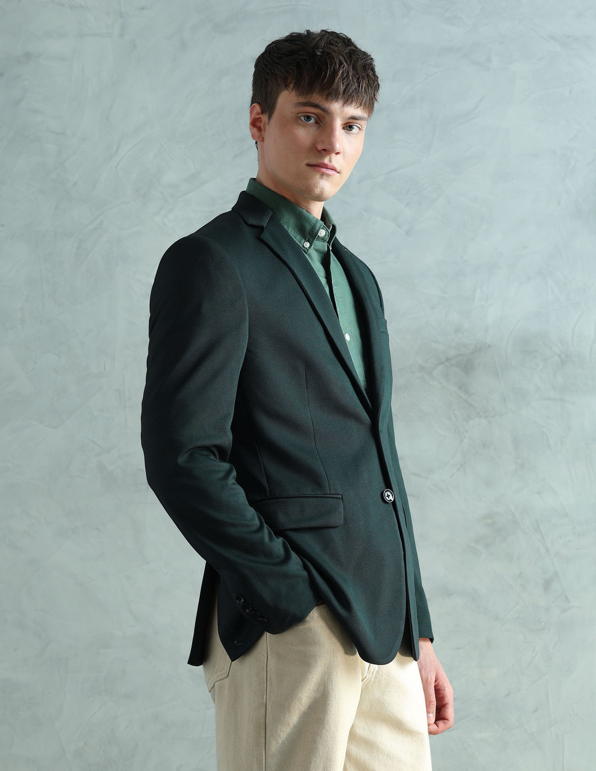 Image of ARROW Men Self Design Single Breasted Formal Blazer (Green)