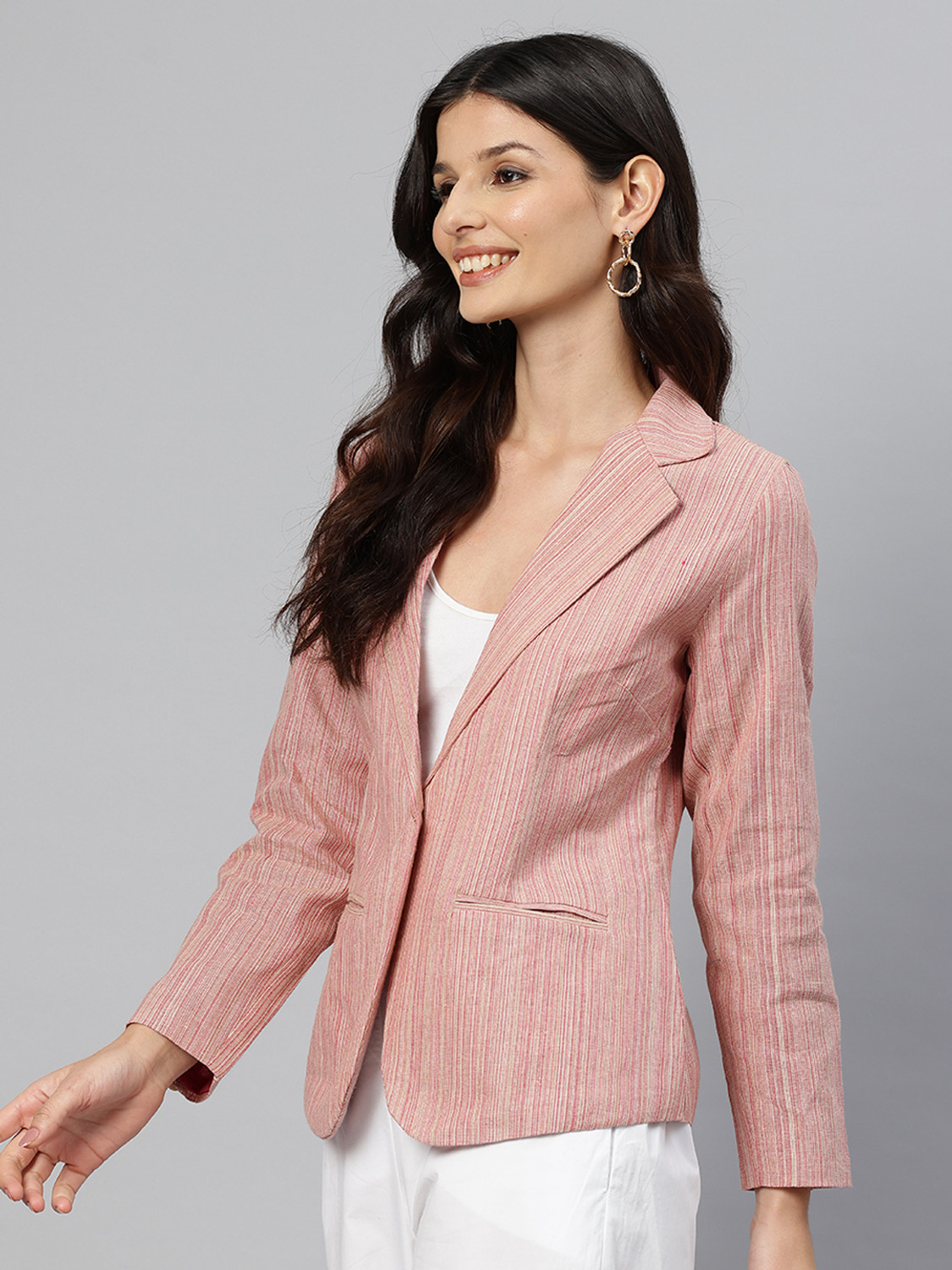 Image of Cottinfab Striped Single Breasted Casual Women Blazer