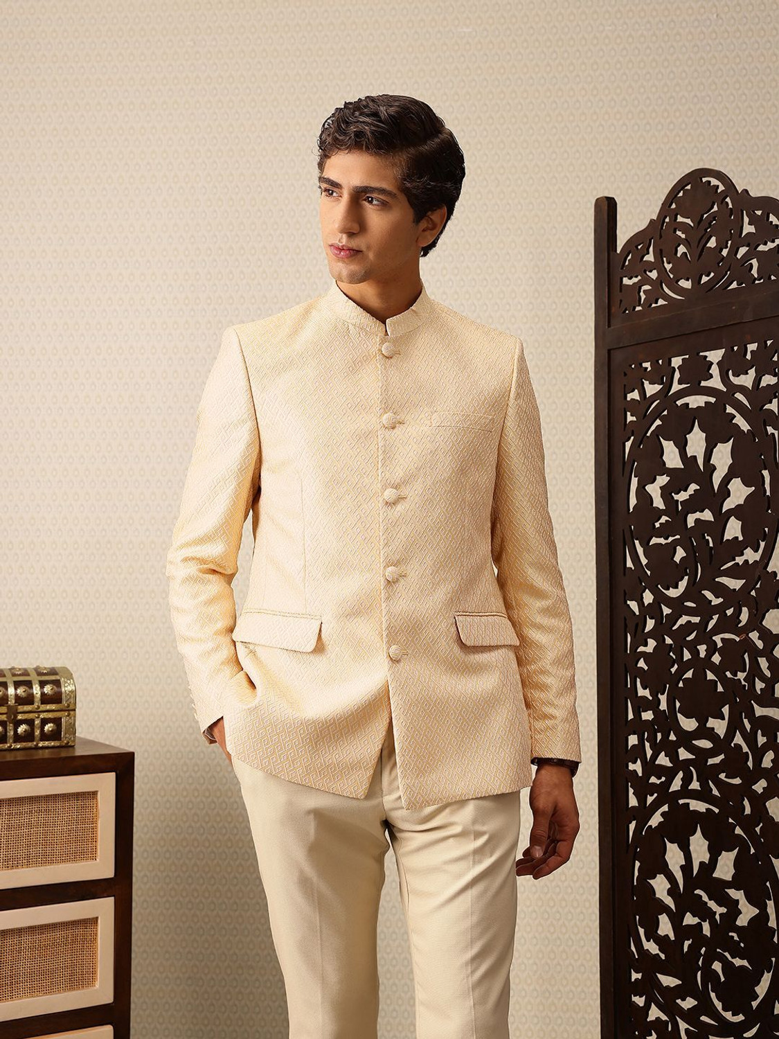 Image of House of Pataudi Self Design Single Breasted Festive Men Blazer