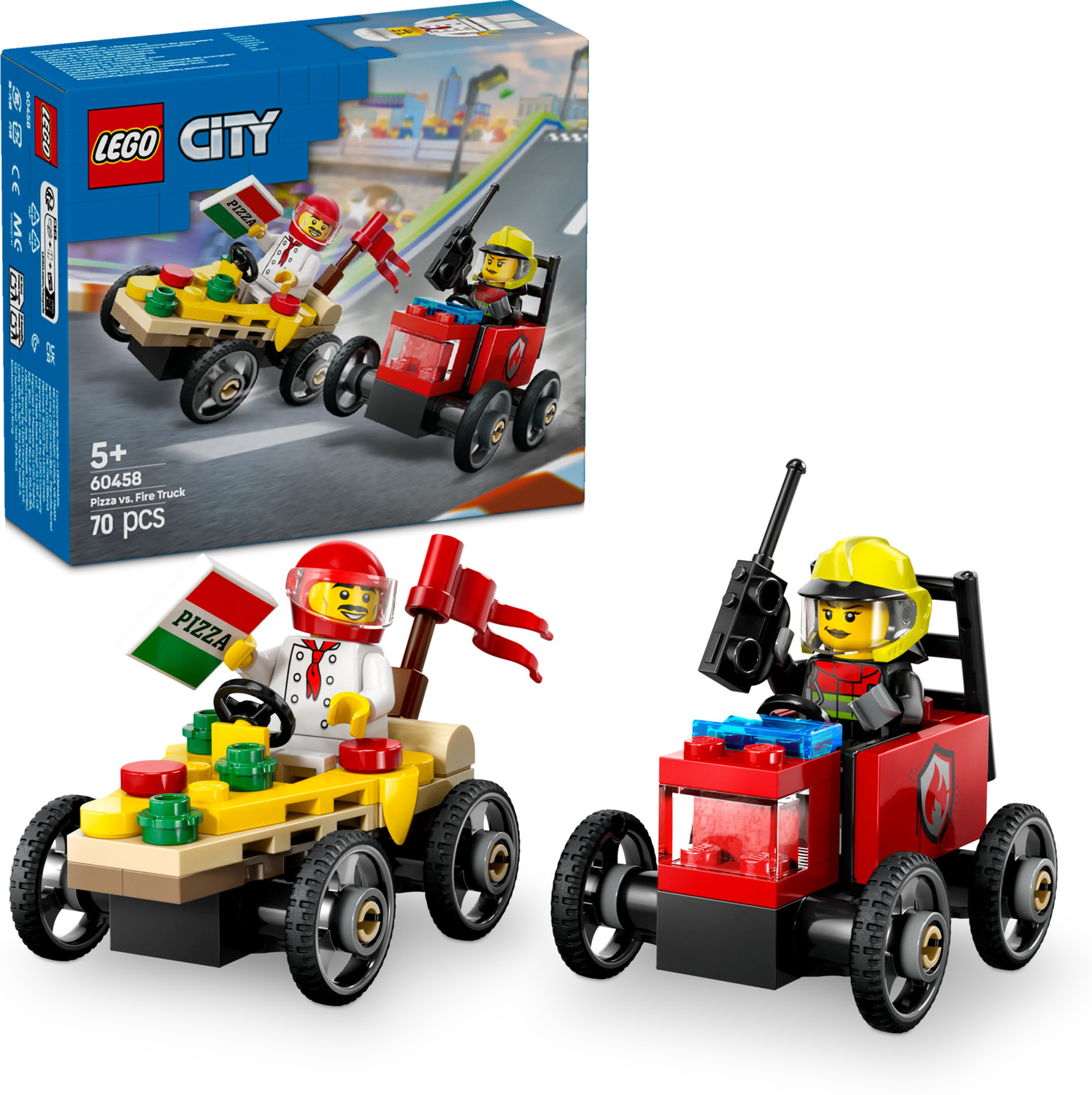 Image of LEGO City Pizza vs. Fire Truck Race Car Pack Toy Soapbox Racing Set 60458 (70 Blocks)