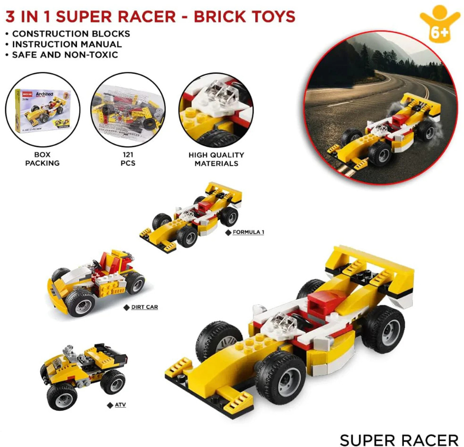 Image of ARIZON Architect Super Racer Construction Car 3 in1 Blocks For kids 6+ year 121+ Pcs (Multicolor)