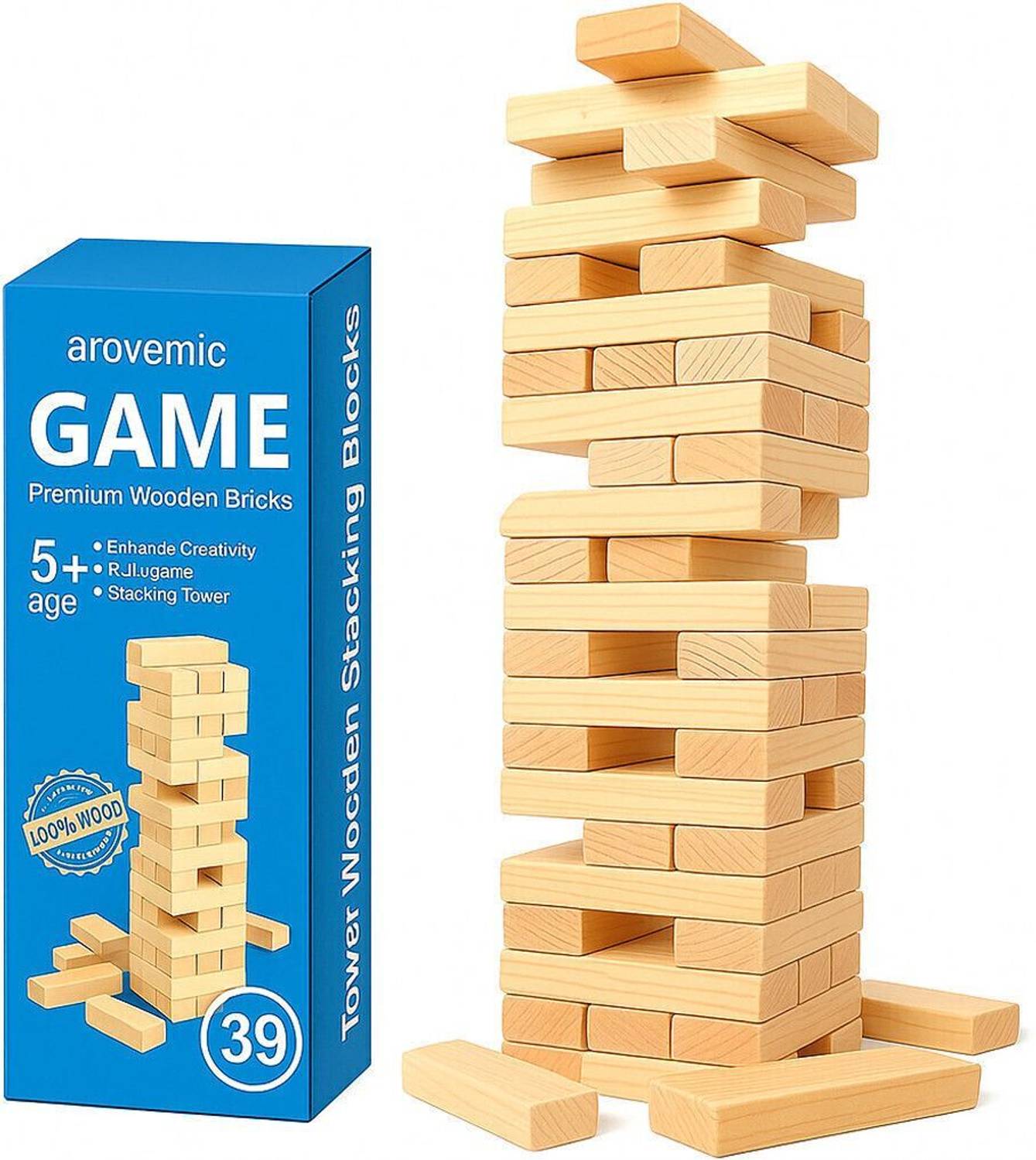 arovemic Classic Toy 39 Wooden Building Block Dominoes, Party Game, Tumbling Tower