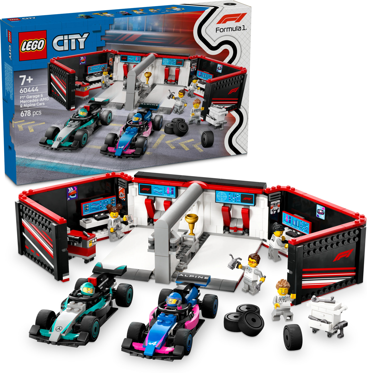 Image of LEGO City F1 Garage & Mercedes-AMG & Alpine Cars Toy Playset 60444 (678 Blocks)