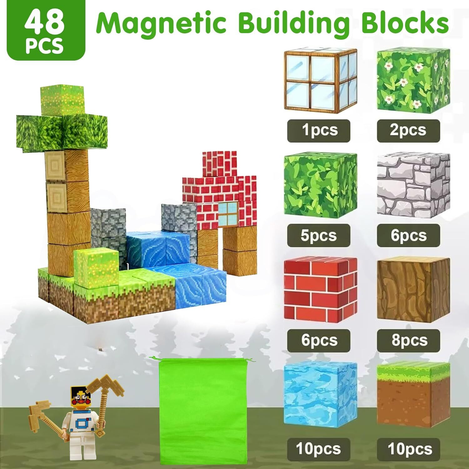 Image of KIDOLOGY 48pcs Magnetic Building Blocks - Mine-Themed STEM Montessori Toy for Kids 3+