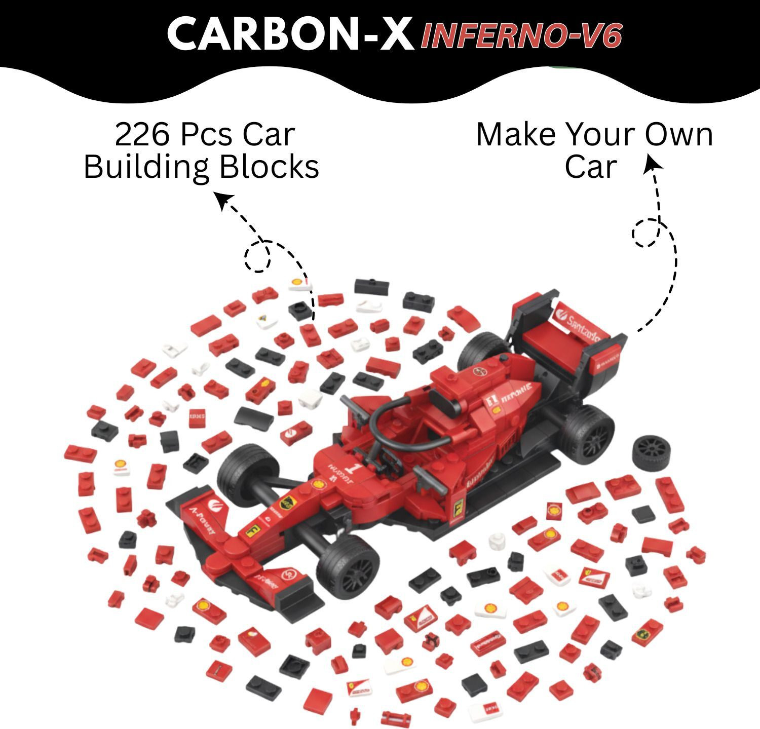 Image of APEX MEDIA AND MARKETING INDIA CARBON-X INFERNO V-6 226 Pcs Car Blocks | Stem Model Kit for Kids 6+