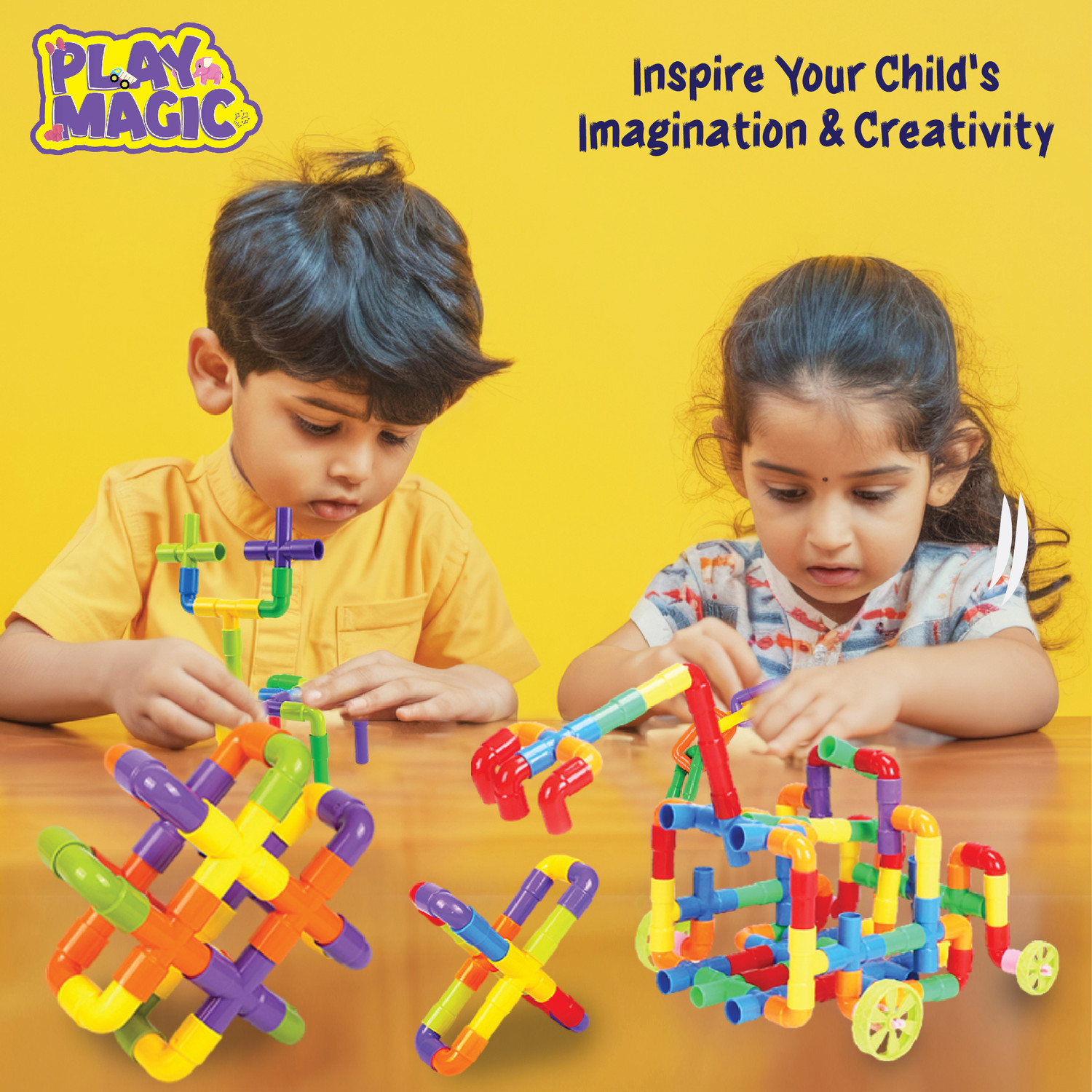 Image of PlayMagic Pipe Building Blocks - 520 Pcs|Tube Locks Construction|Tube Toy with Wheels