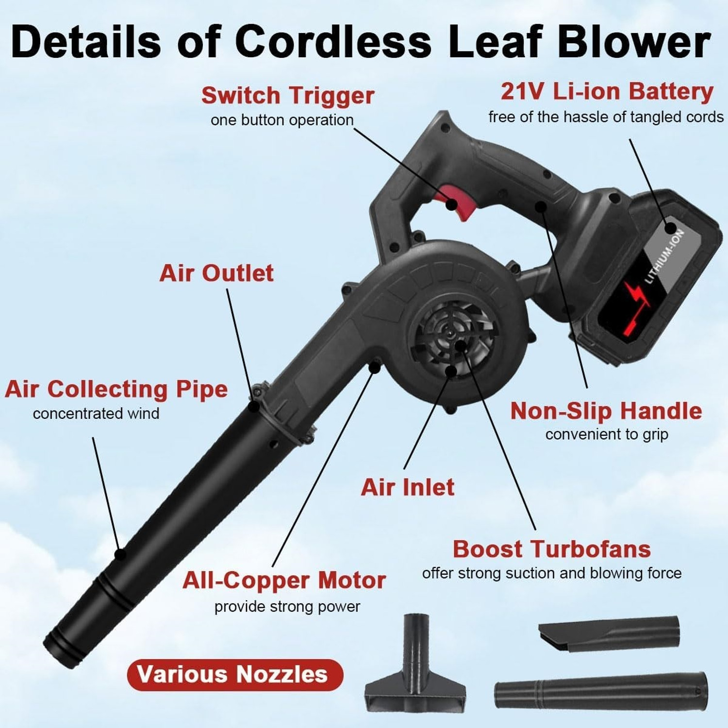 Image of Xydrozen Handheld Battery Powered Electric Leaf Blower-Black Leaf Blower