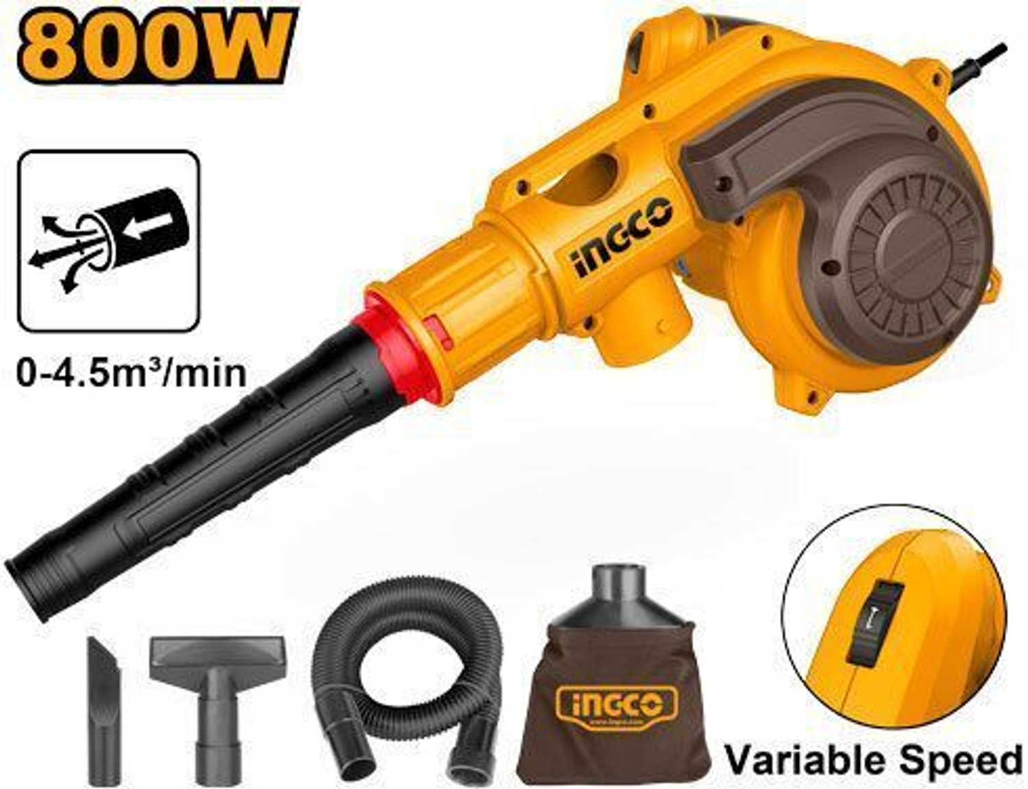 Image of INGCO 800W Aspirator Blower with Dust Bag, Flexible Tube, Suction Nozzles, Air Blower