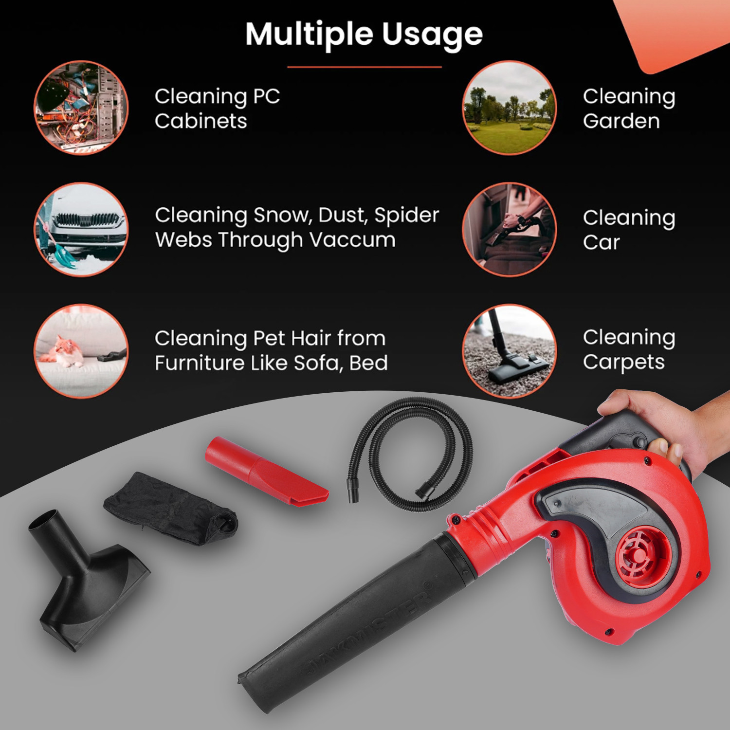 Image of Jakmister Vacuum Pipe Suction- Red 1000Watts / 19000rpm /100% copper / With Attachments Forward Curved Air Blower