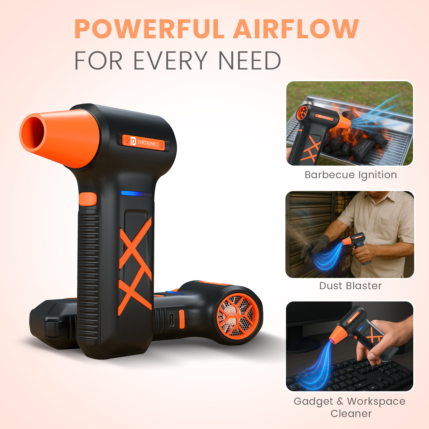 Image of Portronics Tornado Plus Handheld High-Speed Air Duster, 1,30,000 RPM, Type-C Rechargeable Dust Extraction Blower