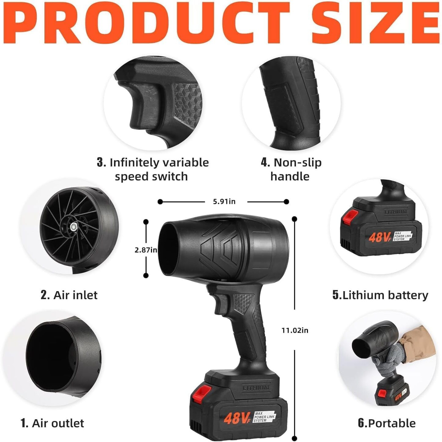 Image of GHANU Portable Cordless Air Blower High Power Turbo Jet Blower Electric Leaf Blower Air Blower