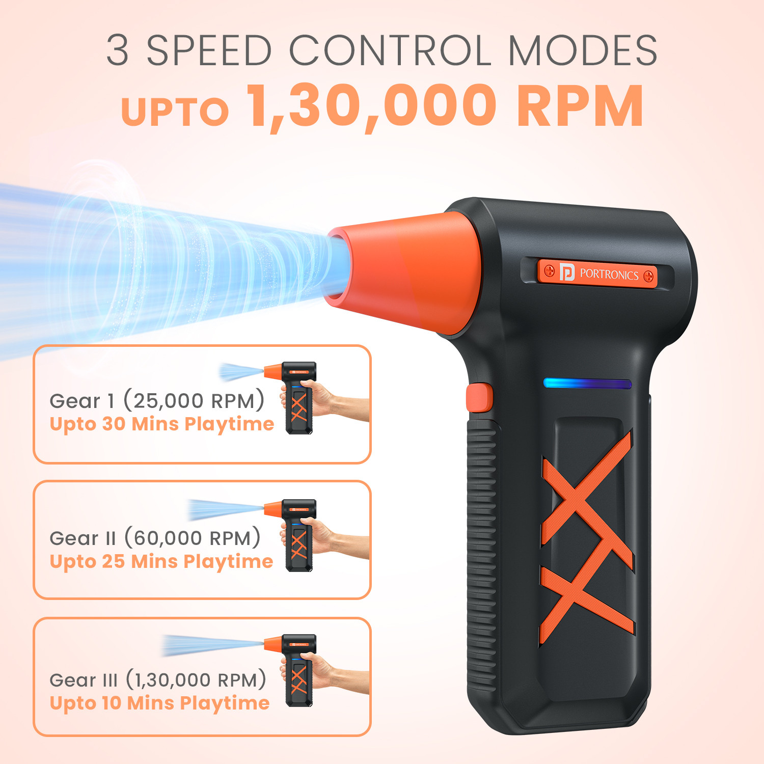 Image of Portronics Tornado Plus Handheld High-Speed Air Duster, 1,30,000 RPM, Type-C Rechargeable Dust Extraction Blower