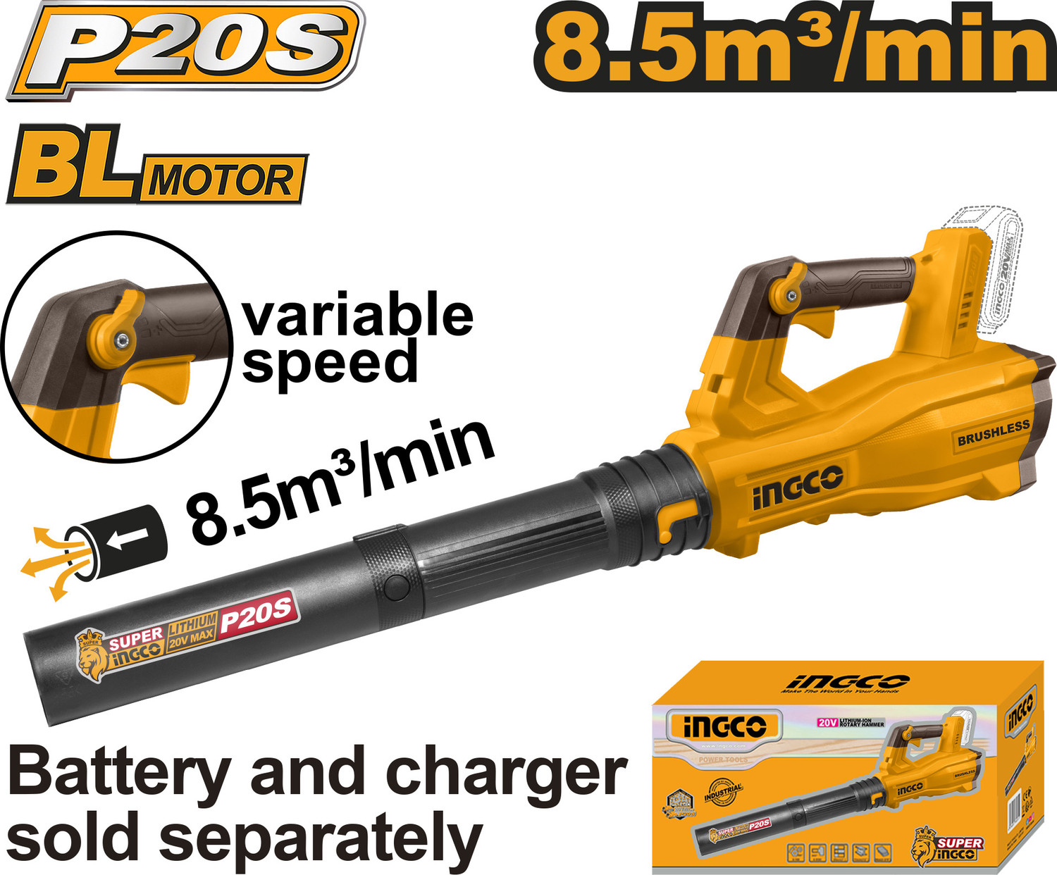 Image of INGCO Lithium-ion Without Battery and Charger CABLI20428 Forward Curved Leaf Blower