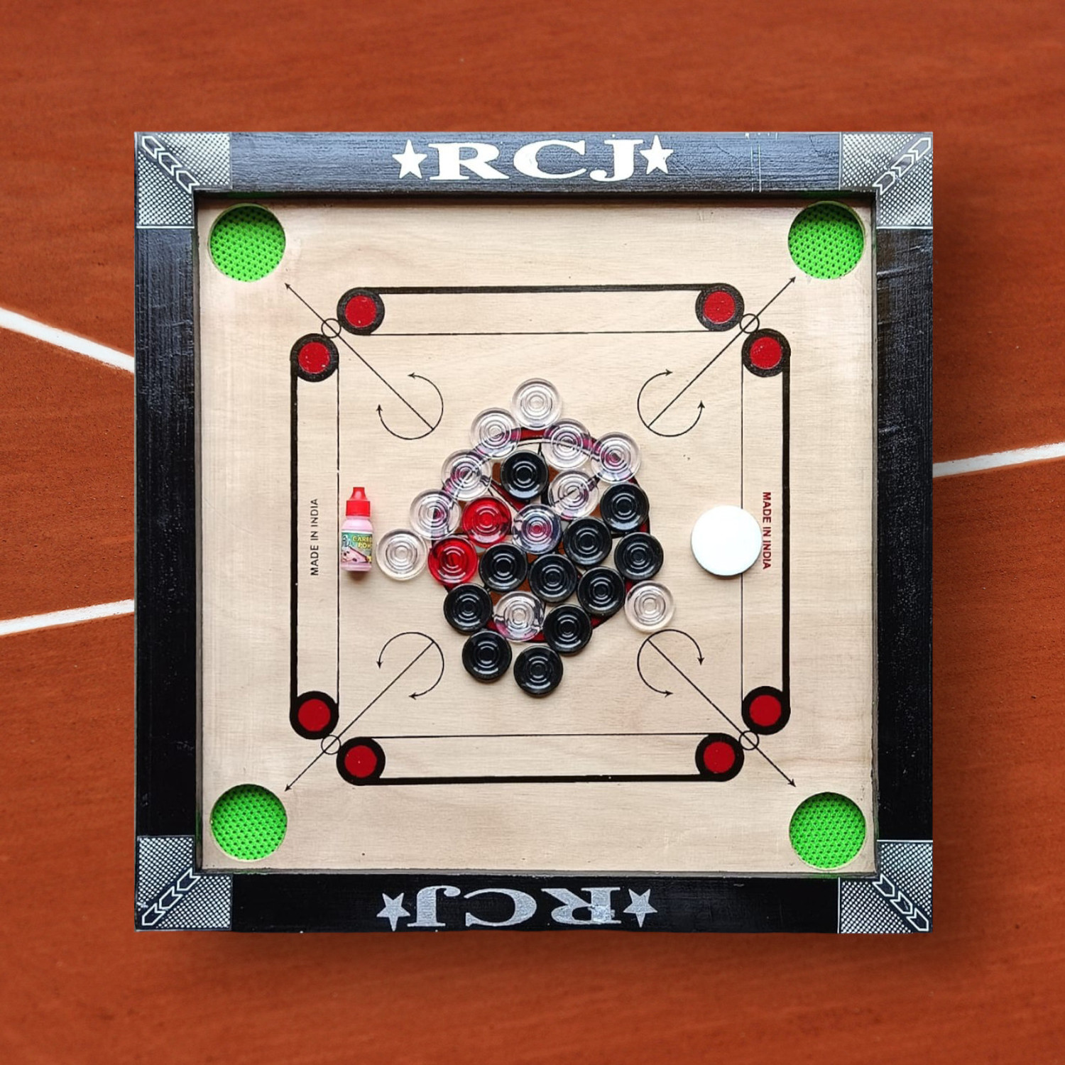 Image of RCJ CARROM BOARD 20X20,24 PCS.CRYSTAL COIN,POWDER,STRICKER.a-19 Carrom Board Game