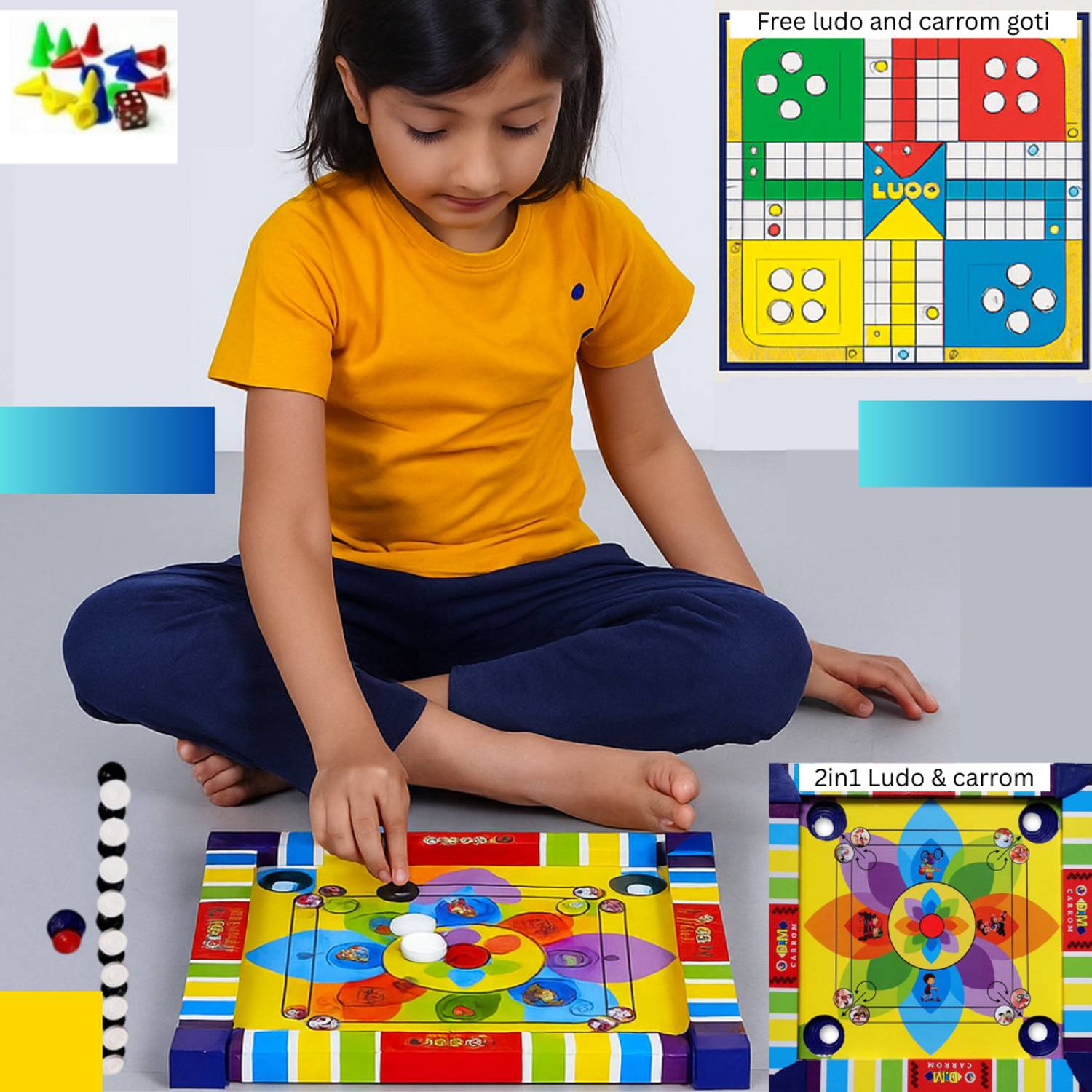 Aarvee 14" Inch Kids Colourful Carrom Board With Ludo Indoor Game Sport with Coins_ 116 Carrom Board Game