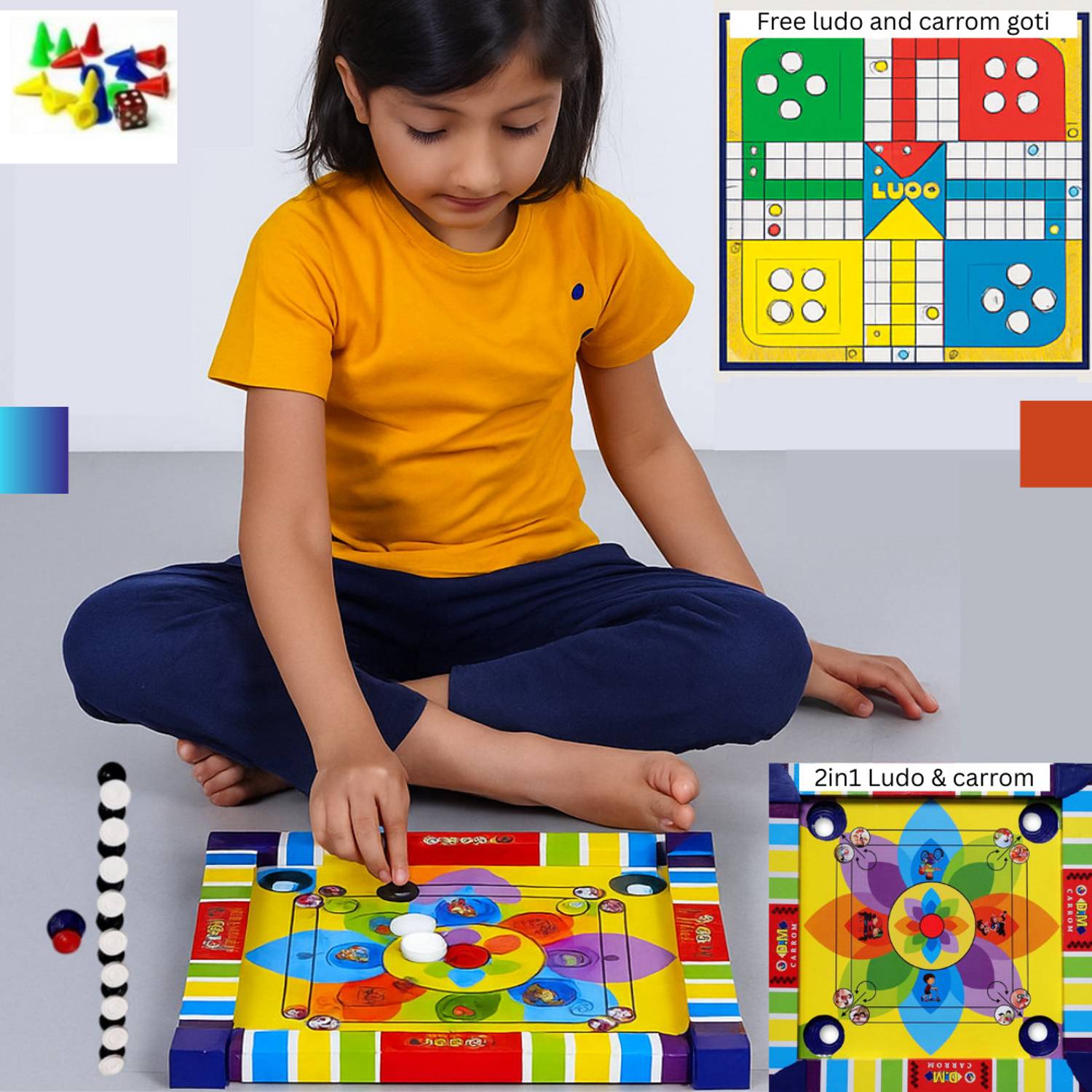 Aarvee 14" Inch Kids Colourful Carrom Board With Ludo Indoor Game Sport with Coins_ 72 Carrom Board Game