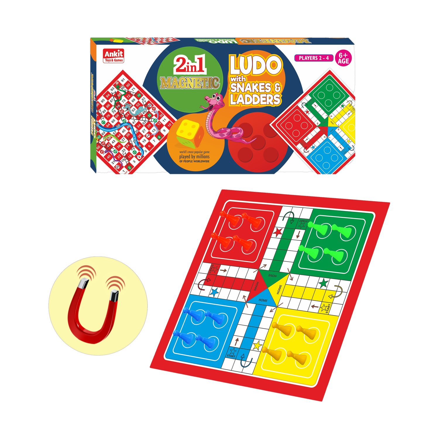 Ankit Toys & Games 2in1 Magnetic Ludo and Snakes & Ladders 12" Board Game Set | Portable for kids Party & Fun Board Game
