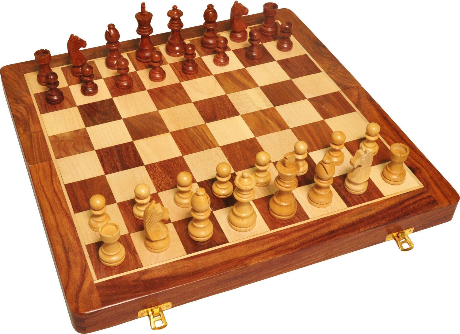 Image of Palm Royal Handicrafts Magnetic Folding Wooden Chess Board with 32 chess Pieces and 2 extra queen Educational Board Games